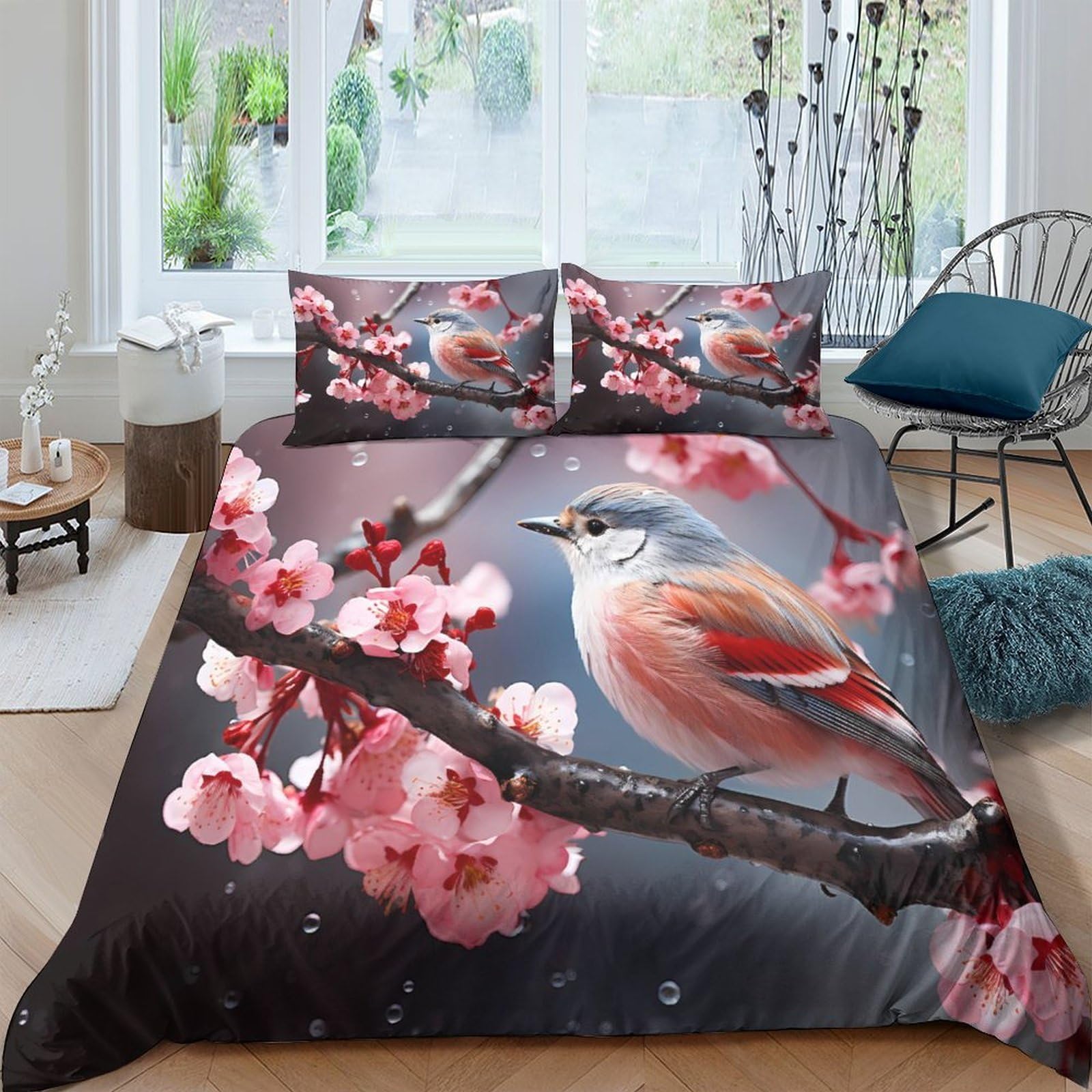 Ctjqhvkz Style-4 3D Printed Blossom Bird Fitted Sheet Microfiber Soft Pink Bedroom Decor Cherry Branch Mattress Cover Single（135X200cm）