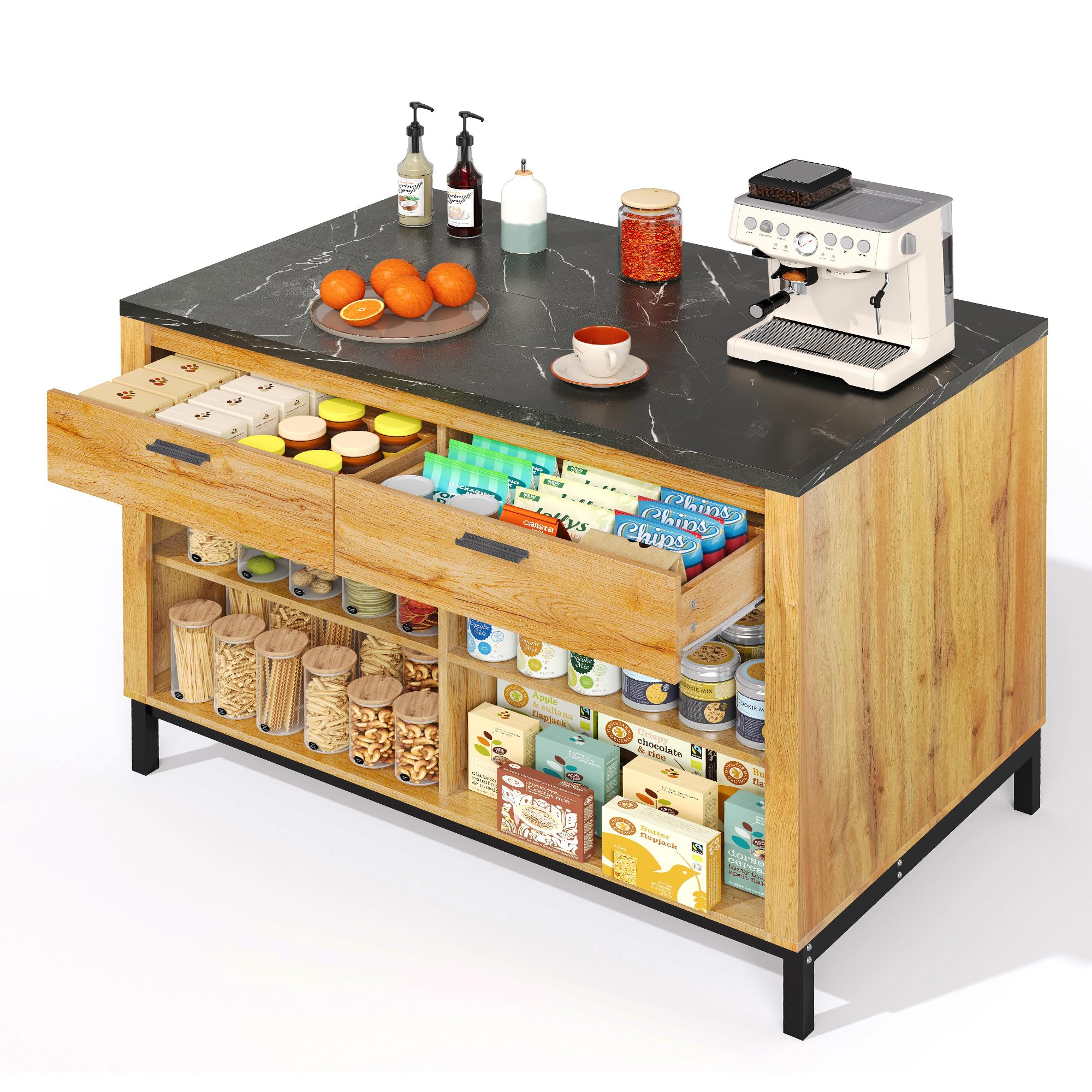Isla de cocina de estilo rústico – Isla de cocina con 2 cajones y 4 estantes abiertos, grano de roble, encimera de mármol negro, estructura de metal, (120 × 75 × 90 cm)
