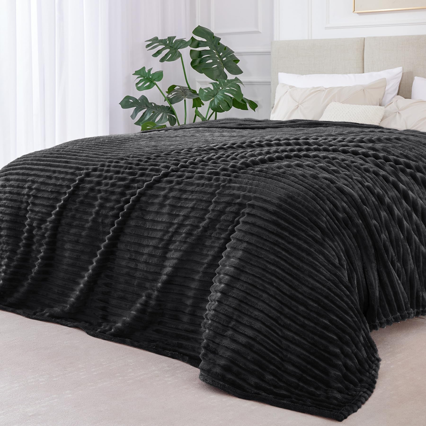 Condition photo showing As Is for bedelite fleece blanket king size – 3d ribbed jacquard soft and warm decorative fuzzy blankets – cozy, fluffy, plush lightweight throw blankets for couch, bed, sofa(black, 108x90 inches)