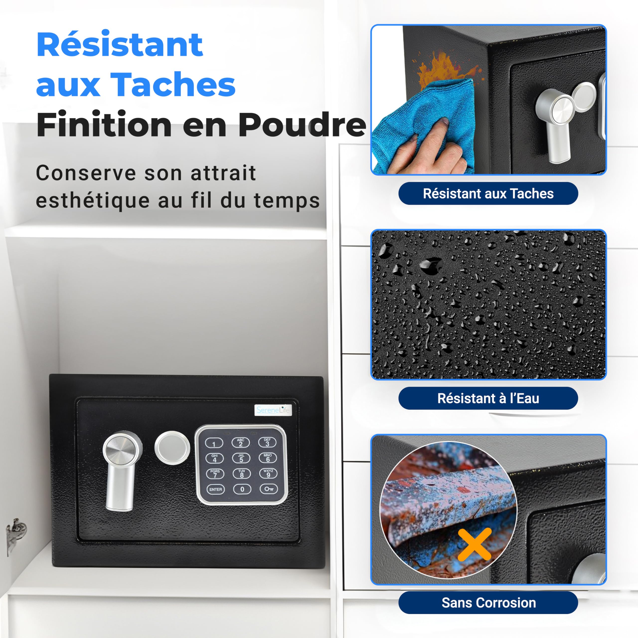 SereneLife Coffre-Fort Numérique en Acier – 23x17x17 cm, Sécurité Électronique + Clé, Rangement pour Argent, Armes, Bijoux, Passeports – Pour Maison, Hôtels, Placards, Bureau-noir