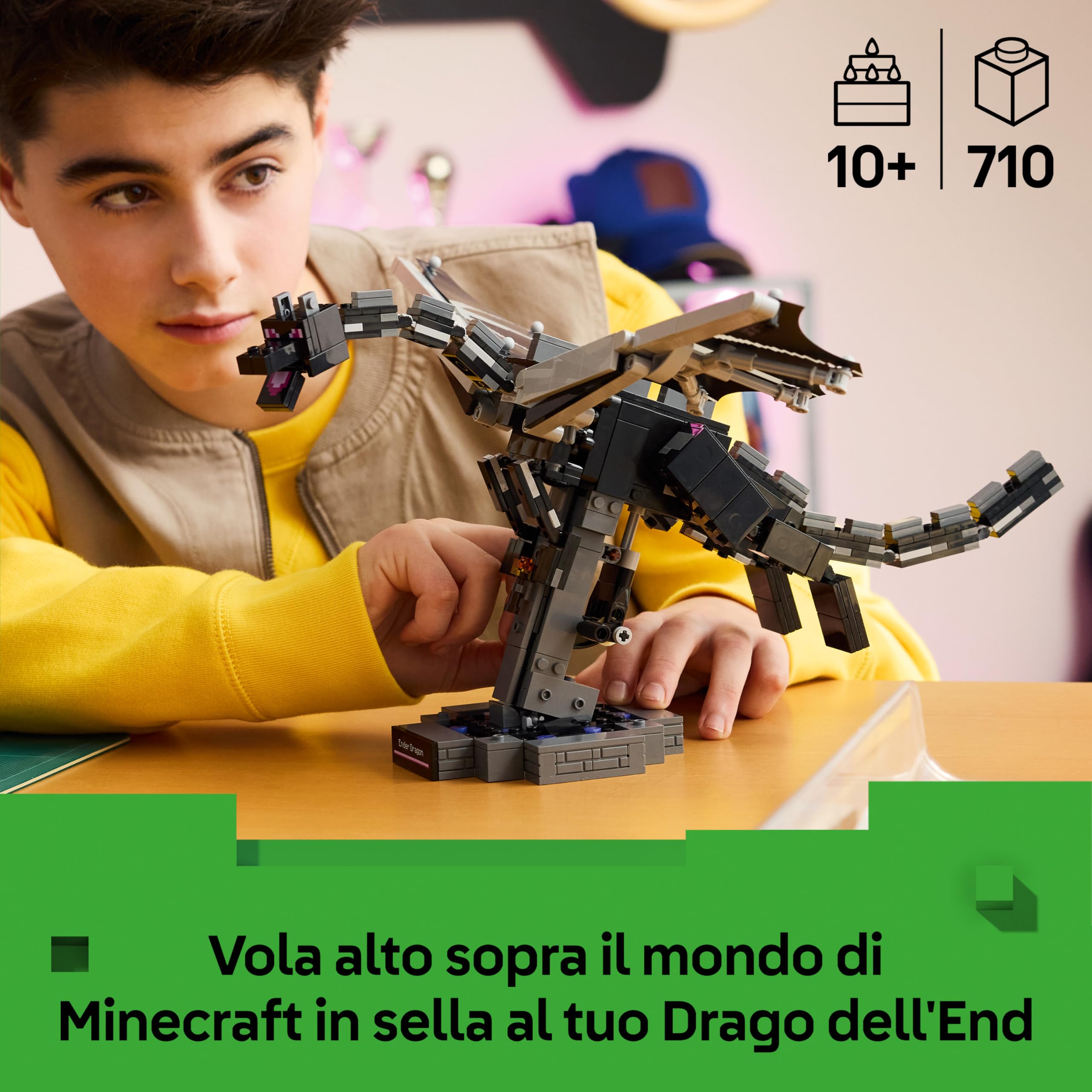 LEGO Minecraft Drago dell'End - Giocattolo Interattivo con Ali Mobili e Supporto a Forma di Portale d'Uscita - Decorazione Cameretta - Regalo per Gamer, Bambini e Bambine da 10 Anni in su - 21595