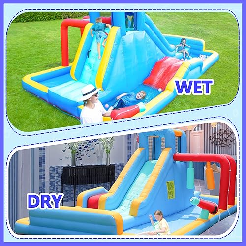 Miniatura 4 de Doctor Dolphin Toboganes acuáticos inflables, casa de rebote de agua con tobogán acuático para niños, parque acuático inflable para patio trasero,