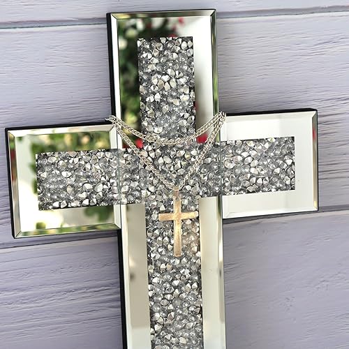 Miniatura 3 de GIMORRTO Decoración de pared con cruz de espejo - Espejo de cristal incrustado con diamante triturado de 15 x 10 pulgadas