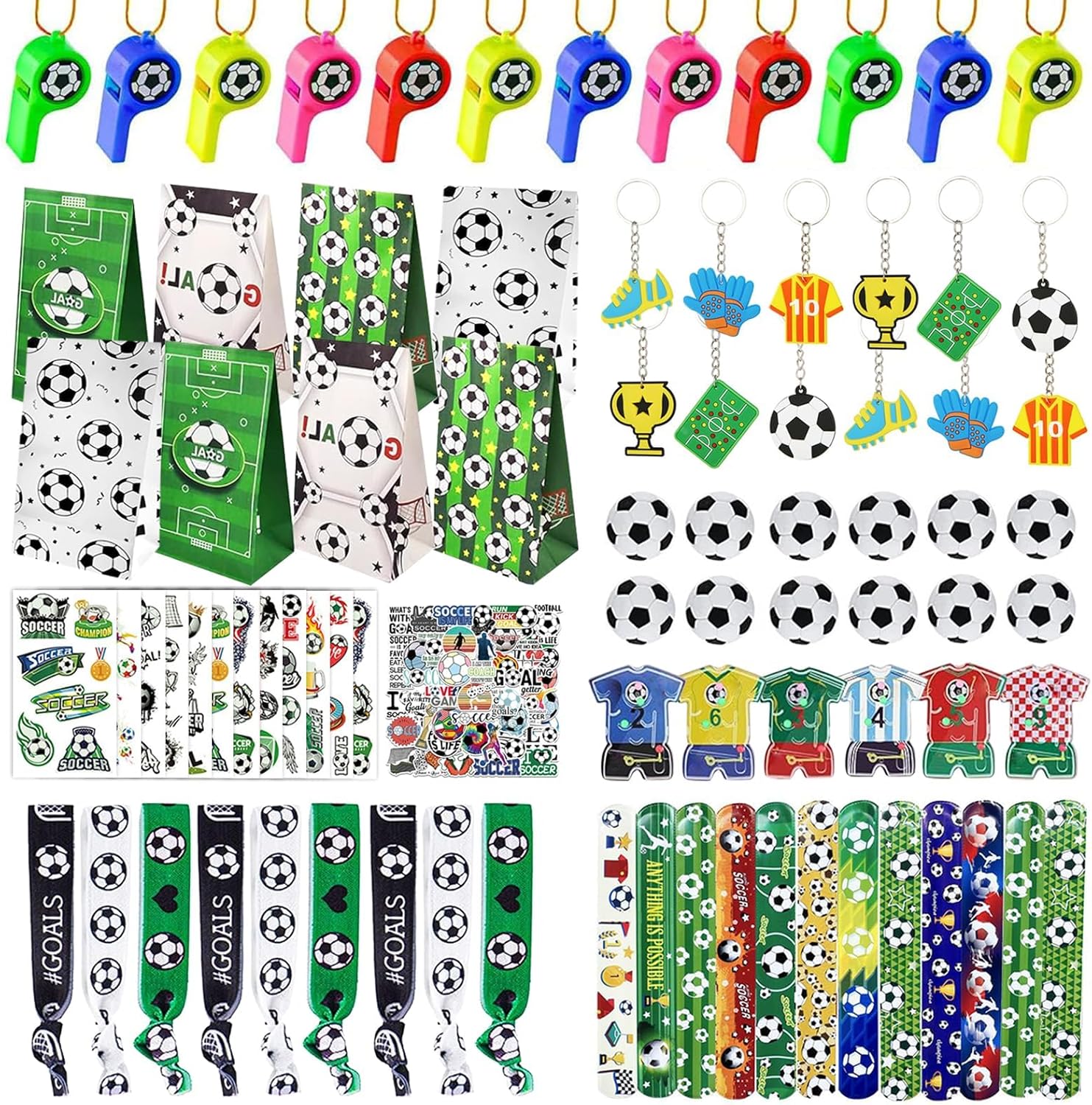 XIPEGPA 146 PCS Soccer Party Favors Soccer Birthday Party Supplies with Soccer Themed Bags Erasers Whistle Stickers Slap Bracelets Keychains for Football Sport Party Favors Goodie Bags Decorations