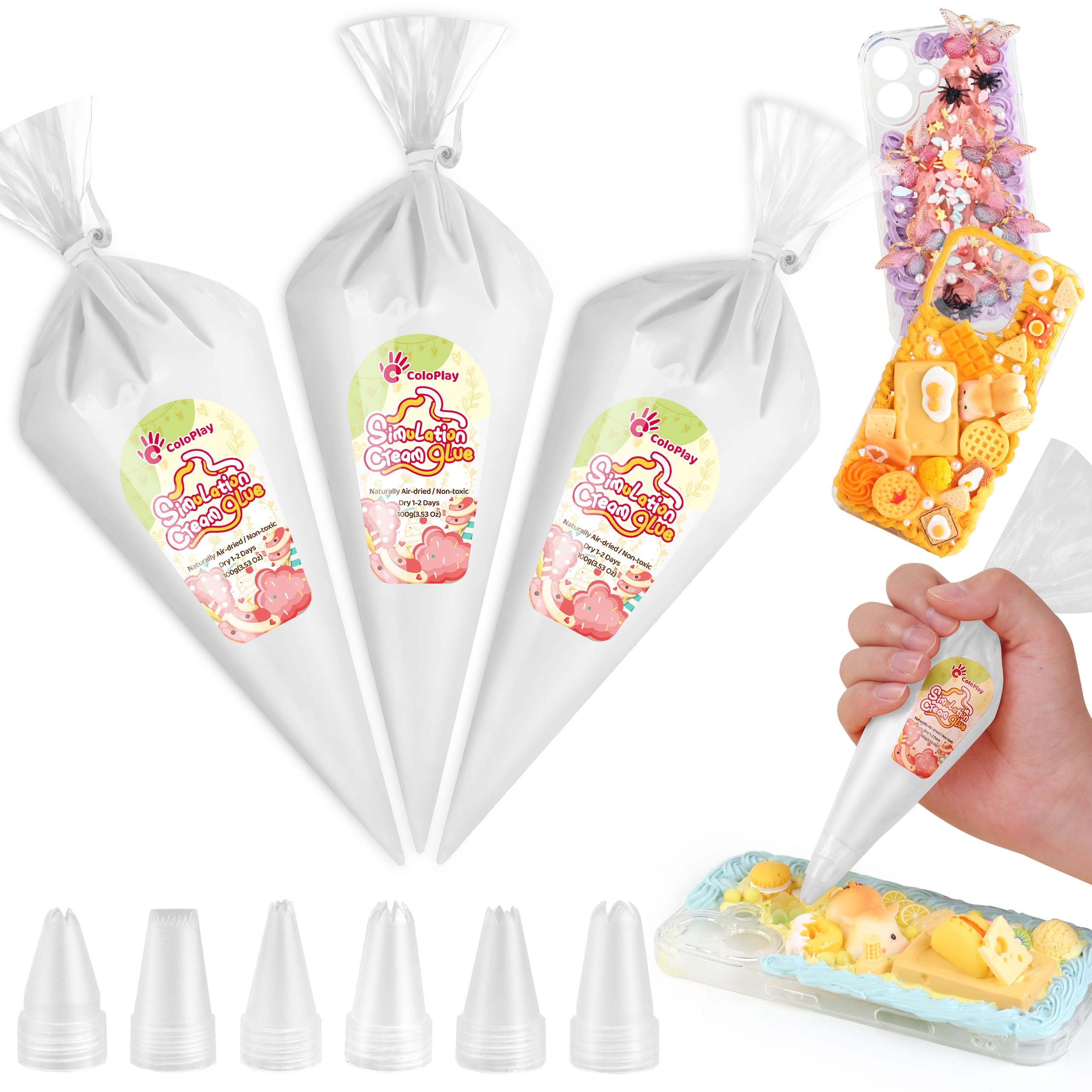 Cream Glue, 3PCS White Whipped Cream Glue Kit (Each 100g) with 6PCS Piping Tip, DIY Phone Case Kit for Decoration Craft Gift Fun for Birthday, Christmas