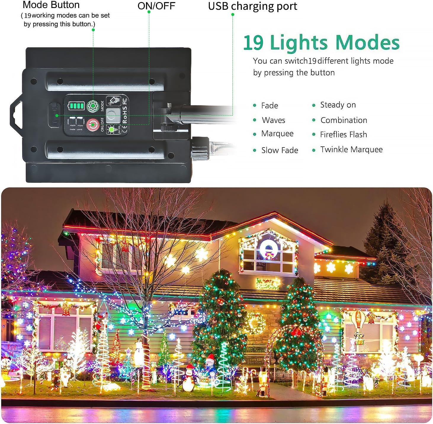 Yorezcop 400LED Luci Solari Natale Esterno, 19 Modalità Di Luci Solari, IP65 Impermeabile Luci di Natale Solare,Luci Solari per Esterni per Balcone, Giardino, Albero di Natale, partito