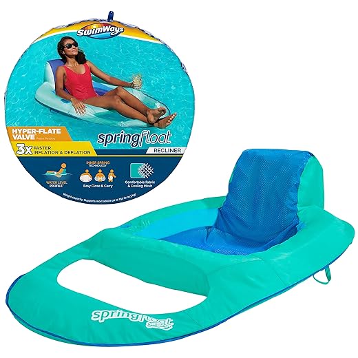 SwimWays Spring Float XL Recliner Chair for Swimming Pool, Inflatable Pool Floats Adult with Fast Inflation, Cup Holder & Foot Rest, Supports Up to 300 lbs, Blue