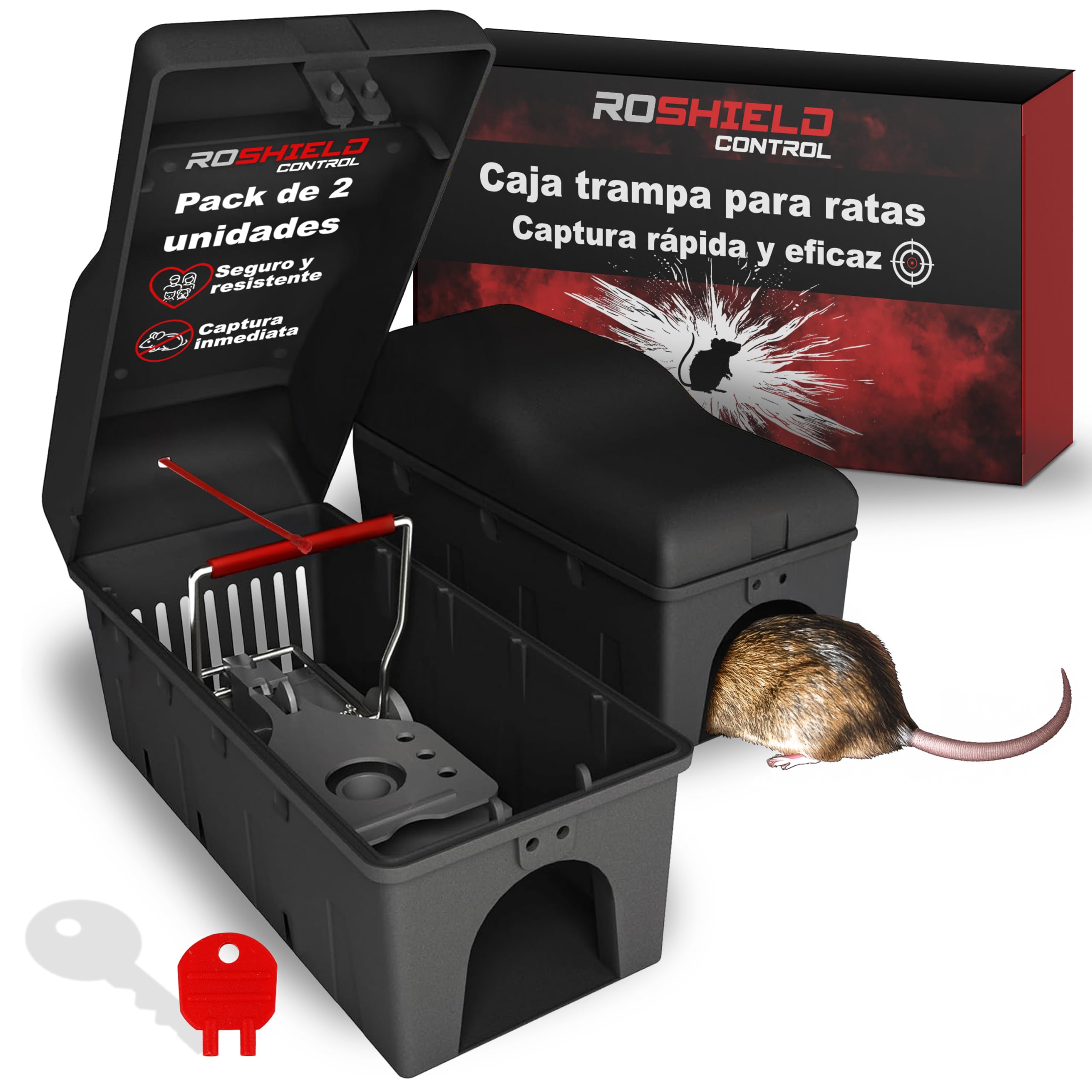 ROSHIELD 2X Trampa para Ratas Caja Matadora - Caja de Seguridad Fácil de Colocar para Hogar, Cobertizo y Garaje Control y Tratamiento (Calidad Profesional, Paquete de 2)