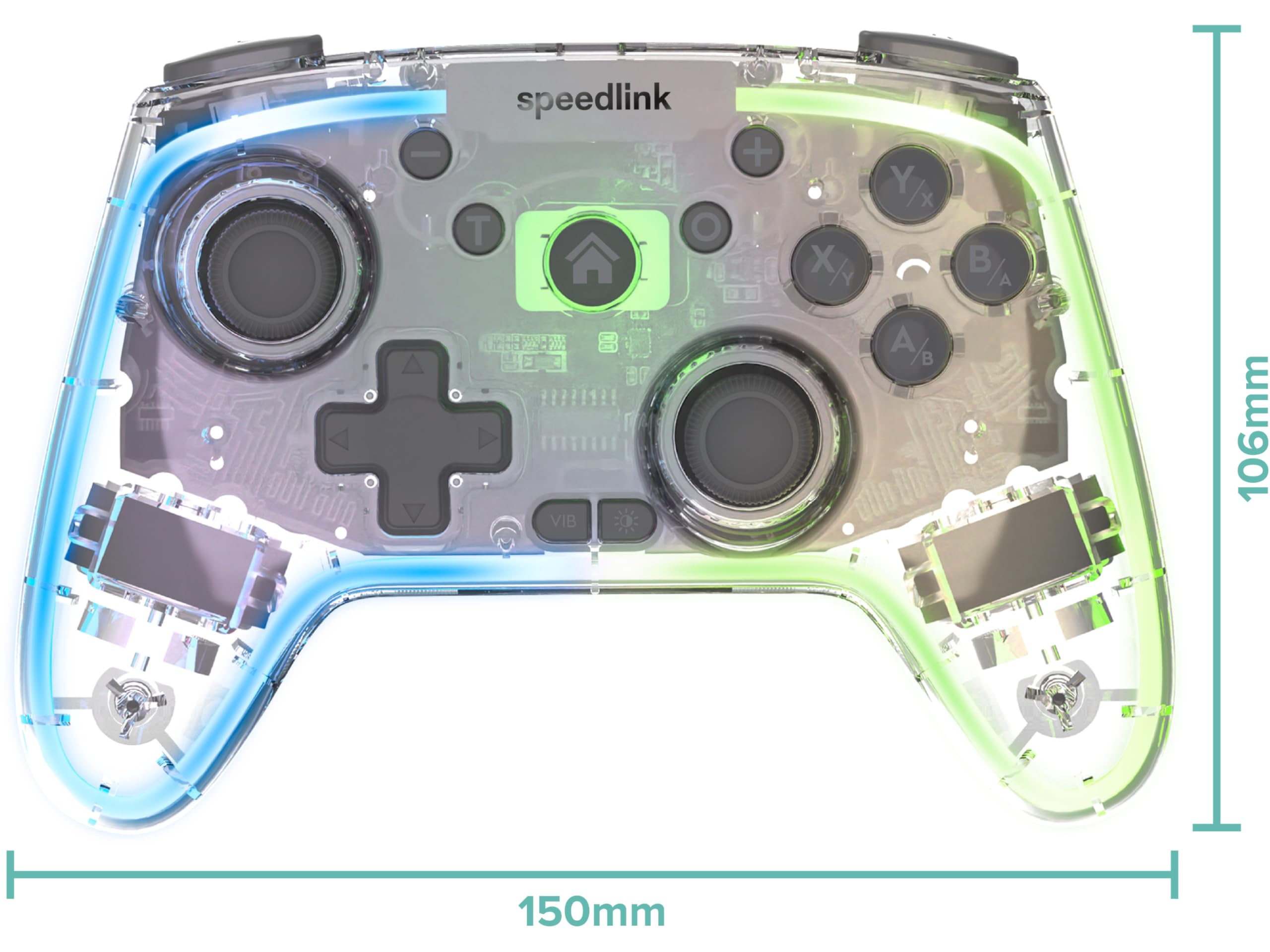 Speedlink RAIT NX RGB Gamepad - Wireless Bluetooth/USB 2.4G Controller PC | /Switch/PS3/Android, Bluetooth & 2.4G USB, Hall Effekt Sensoren, Dual Vibration, Turbo-/Makro-Tasten, Transparent beleuchtet