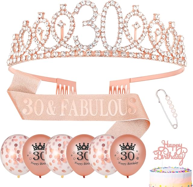 Heyu-Lotus 30th Birthday Sash and Tiara Rose Gold 30 & Fabulous Sash Rhinestone Crown Balloons Birthday Cake Topper for Women 30th Birthday Gift Party Decorations Supplies (Rose Gold)
