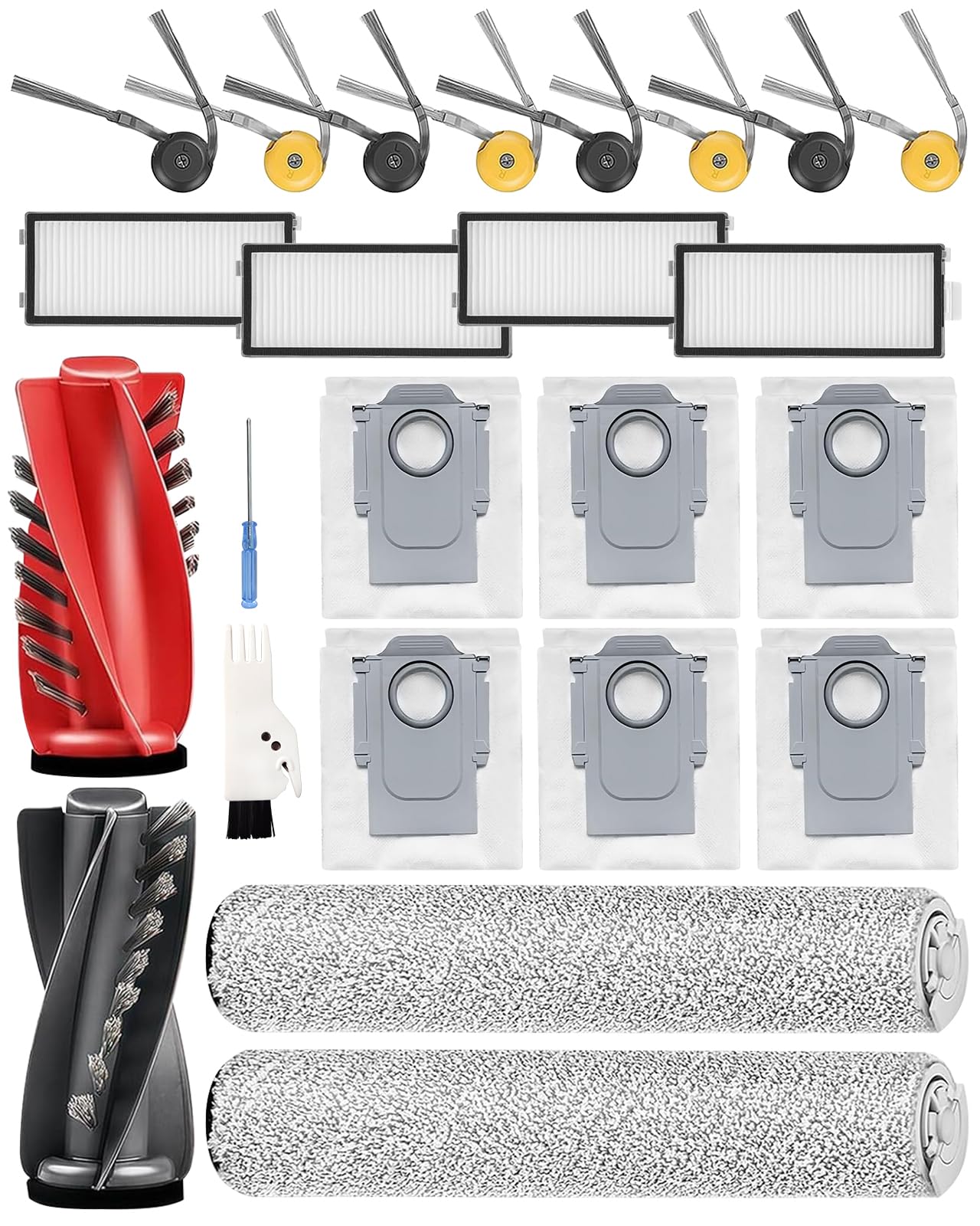 Qrevo Curv 2 Flow Accessori per Roborock robot aspirapolvere:2 spazzole principali,2 spazzole tergicristalli,4 filtri HEPA,6 sacchetti per la polvere,6 spazzole laterali,1 spazzola,1 cacciavite