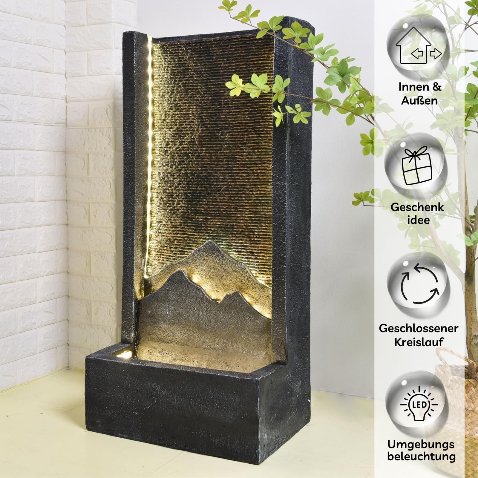 Zen Light SCFR21MM Außen- und Innenbrunnen Wasserwand Relief Mountain, 46cm x 35cm x 100cm, Schwarz
