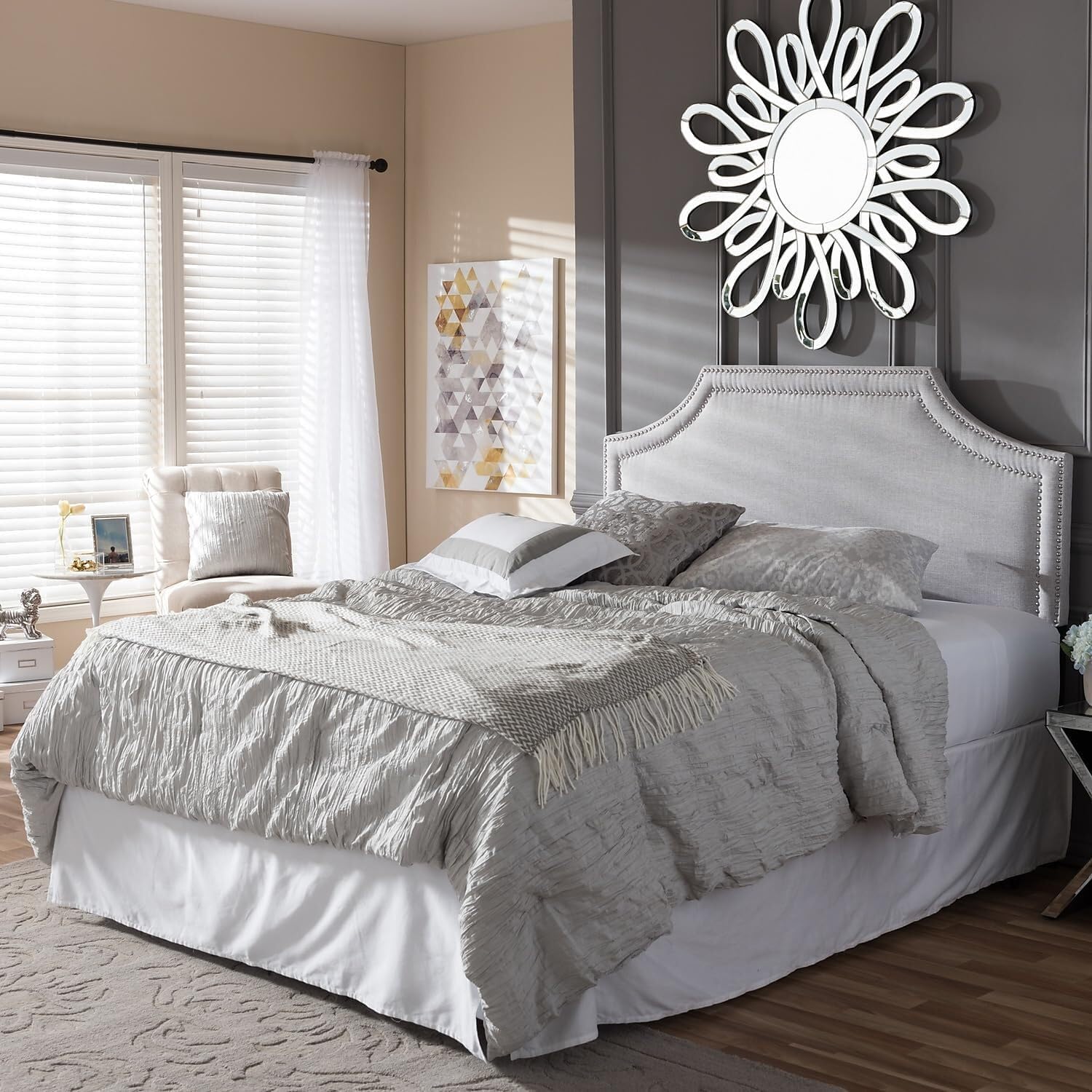 Urban Upmarket Modern and Contemporary Fabric Upholstered Headboard, Nailded Trim Head Board Beige/Queen