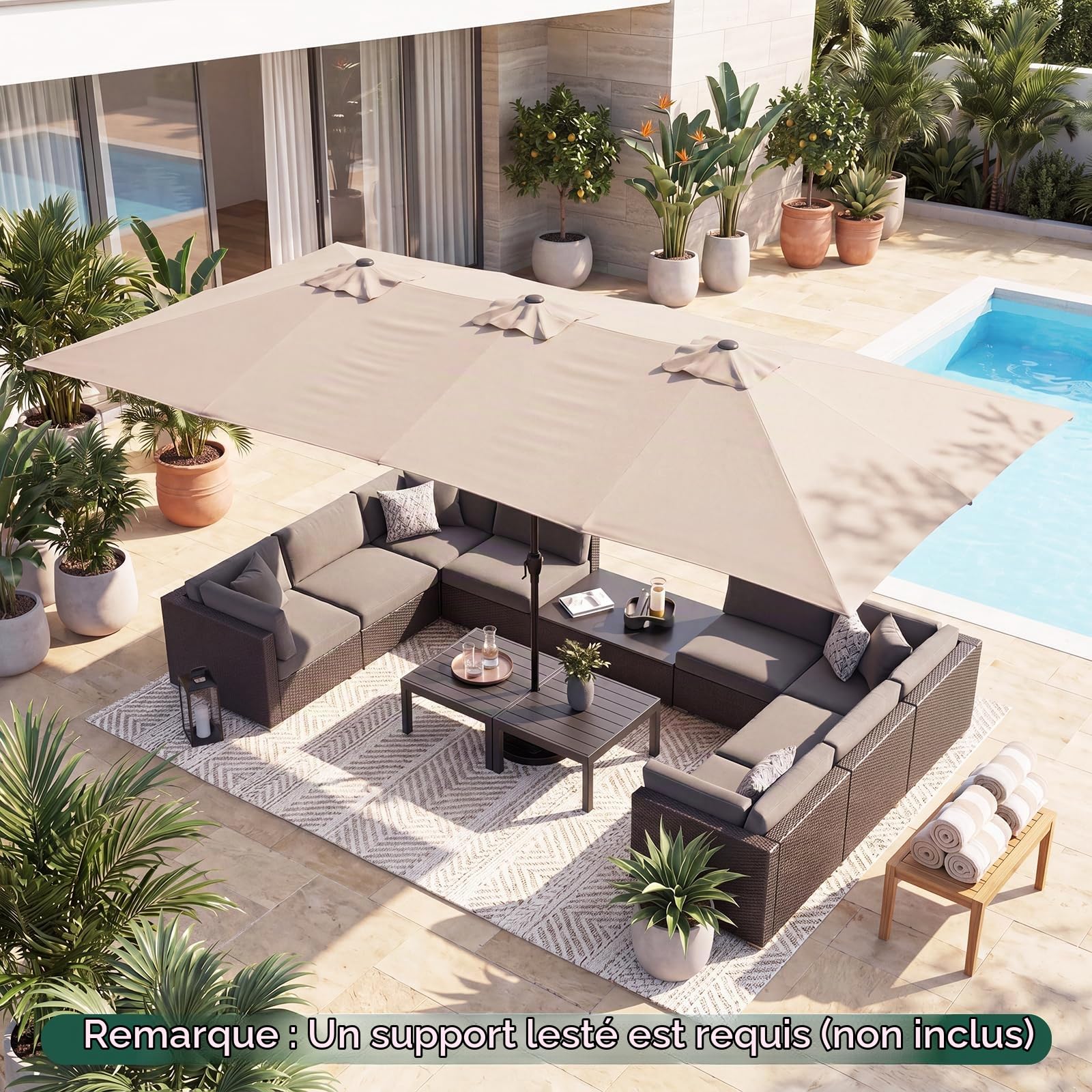 GOPLUS Parasol de Jardin Exterieur 4,3X2,7M, Grand Parasol Rectangulaire Double pour 6-8 Personnes avec Manivelle, 12 Baleines, Protection Solaire, pour Terrasse Marché Fête Plage (Marron)