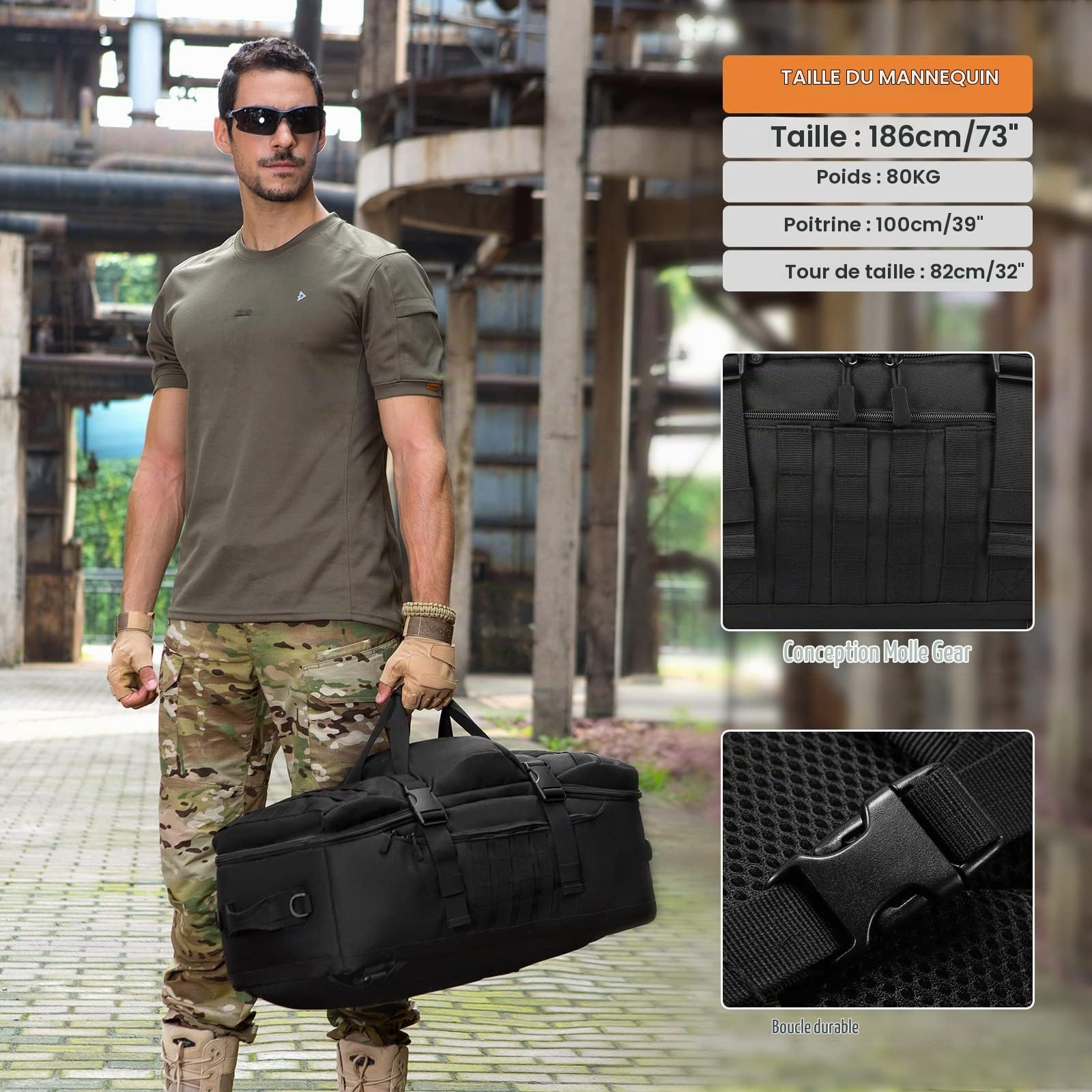 HUNTVP Sac à Dos de Grande Capacité 60L pour Homme - Sacs de Bagage Tactique Militaire Molle - Sac en Nylon pour Voyage, Escalade, Chasse, Camping, Randonnée, Cyclisme