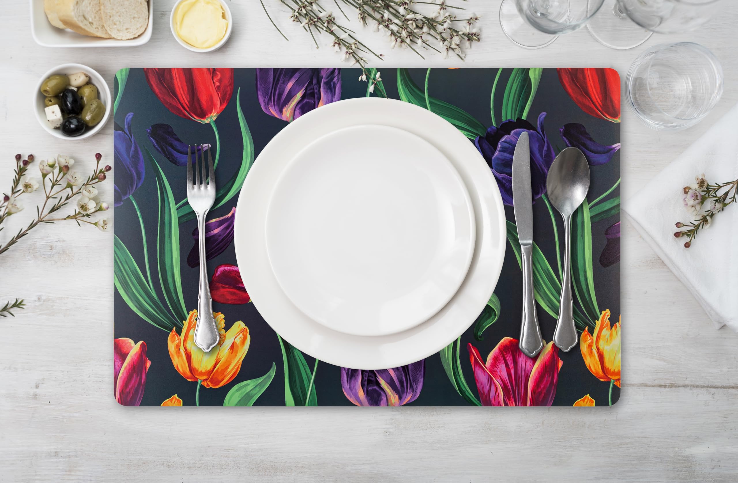 Platzdeckchen-Set, strapazierfähig, gewebtes Vinyl, für drinnen und draußen, hitzebeständig, waschbar, abwischbar, Küchen- und Terrassenwäsche, quadratische Tischsets, Tullip