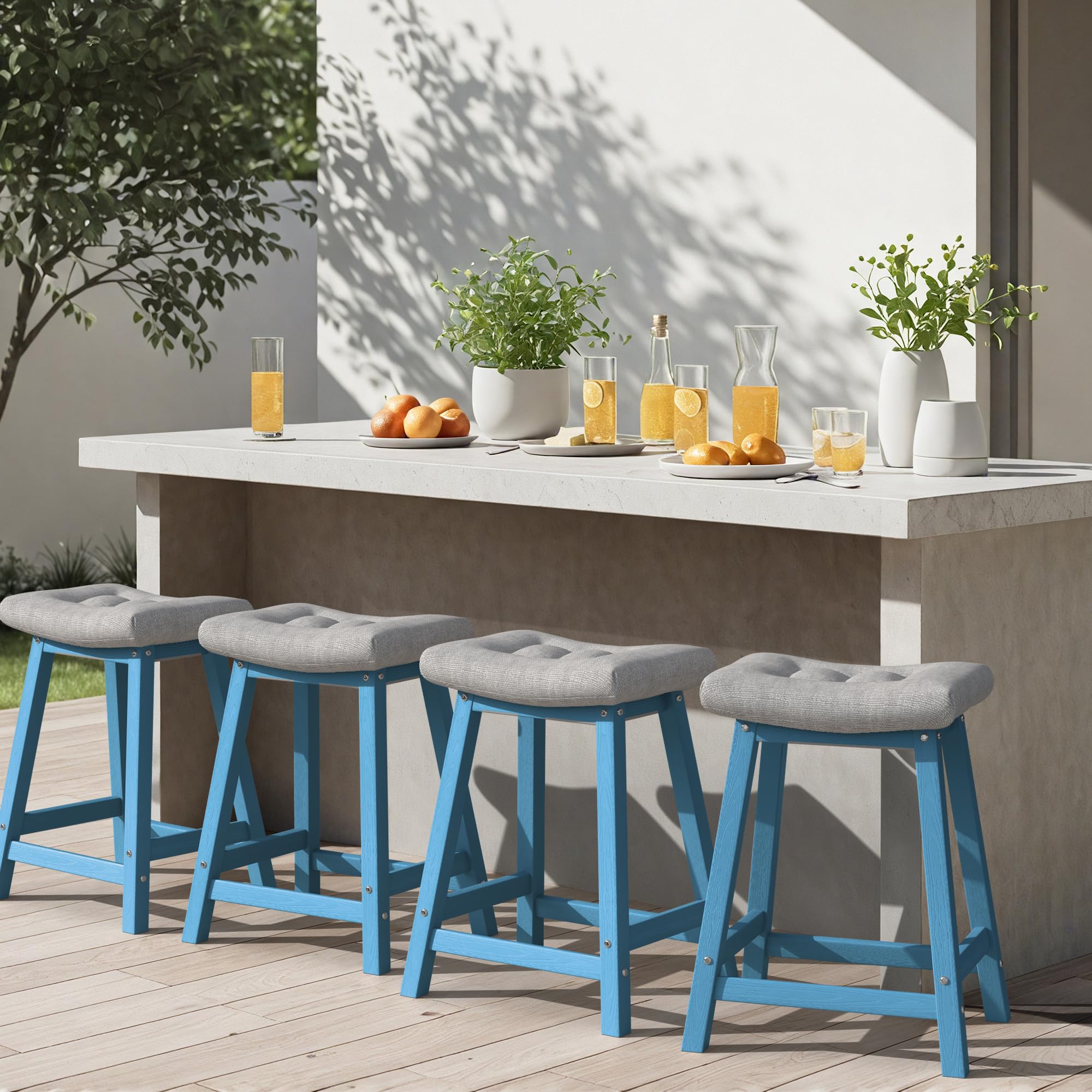 Ciokea 4 Set 24" Outdoor Bar Stools with Cushions, Heavy Duty HDPE Counter Height Bar Stools Weatherproof Patio Seats Modern Waterproof BarStools for Bar Deck Balcony Kitchen Counter Yard, Baby Blue
