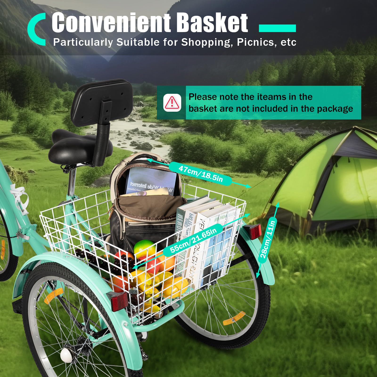 Triciclo para adultos, 24 pulgadas, 7 velocidades, plegable, con soporte para bebidas, luz frontal, 3 ruedas, 210 kg, compras y ocio, color verde