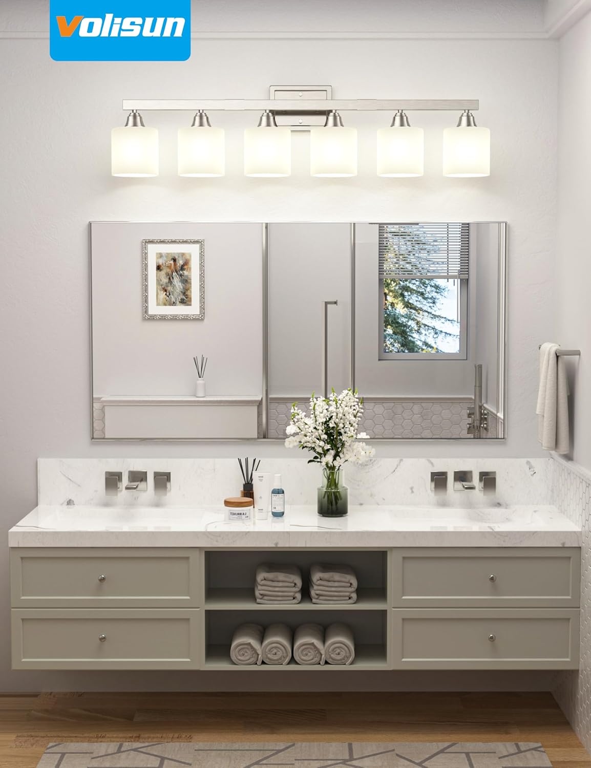 VOLISUN Brushed Nickel Bathroom Light Fixtures, 6-Light Bathroom Vanity Lights Over Mirror, Modern Vanity Light for Bathrooms, Bathrooms Lights Fixtures Over Mirror with Milky White Glass Shades