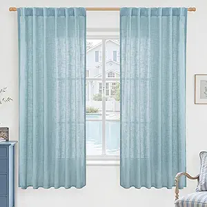LAMIT Sheer Linen Curtains 63 Inch for Bedroom, Light Filtering Country Decor Semi Sheer Farmhouse Boho Curtains Back Tab and Rod Pocket Living Room Panels, Stone Blue, 2 Panels, 52 x 63 Inch