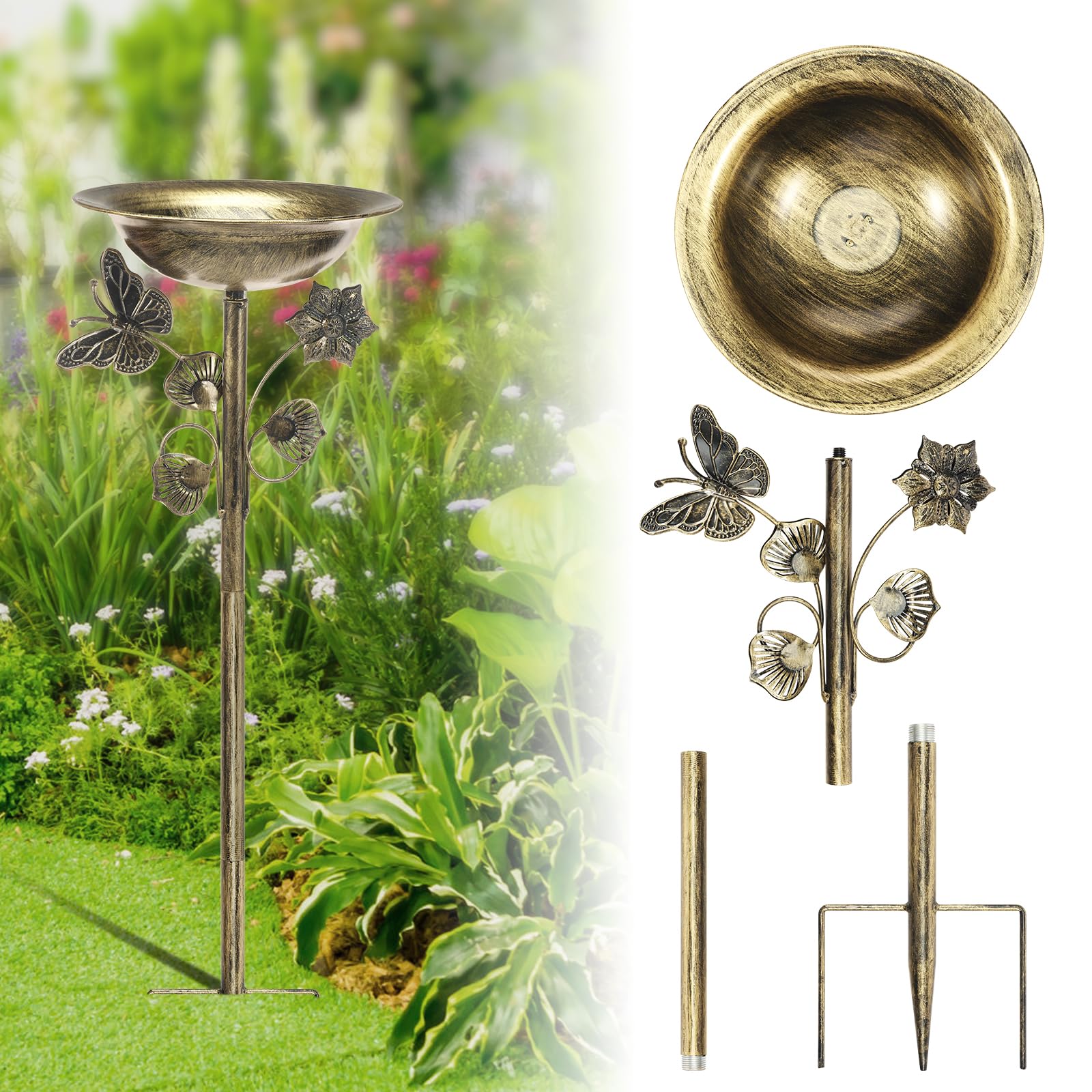 Cast Iron Bird Bath for Garden Freestanding Birdbaths Bowl Outdoor Metal Bird Bath Stand with Stable Base Stake Vintage Birds Baths Feeder Bowl for Outdoors Garden Patio Yard Lawn Decor (gold -30in)