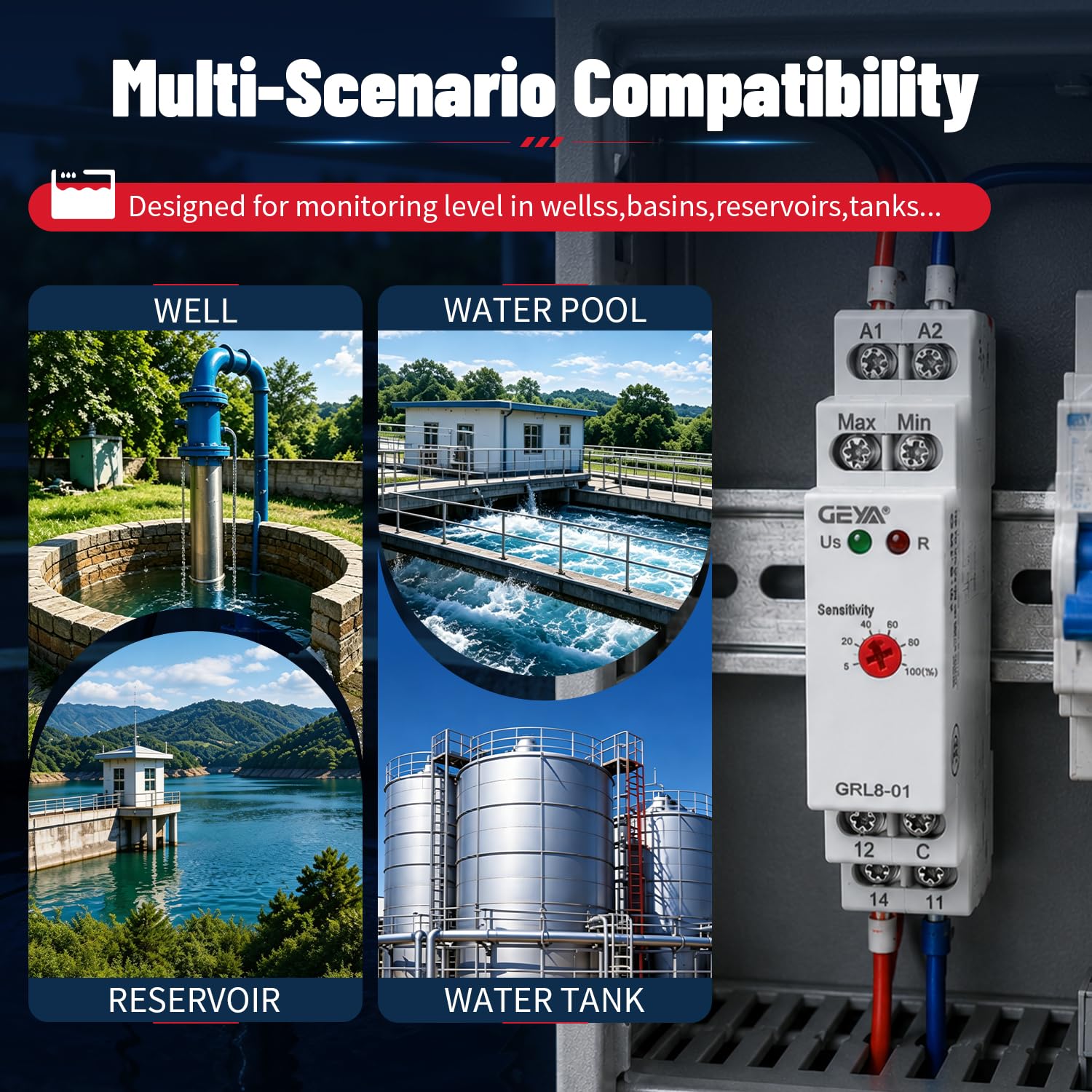 Relè di Controllo a Timer per Liquidi Controllore Elettronico di Livello Liquido 10A(Sensore GRL8-02,AC/DC24V-240V)
