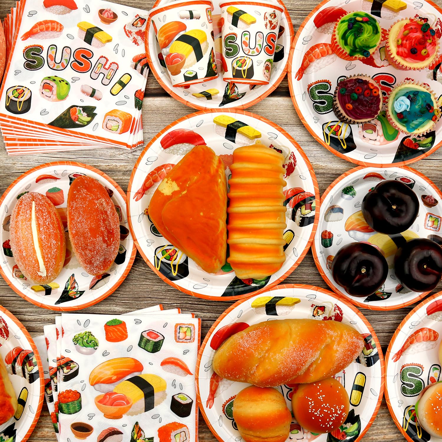 Decorazioni per feste di compleanno a tema sushi, tra cui piatti, tazze, tovaglioli, tovaglie, cannucce, per feste a tema sushi