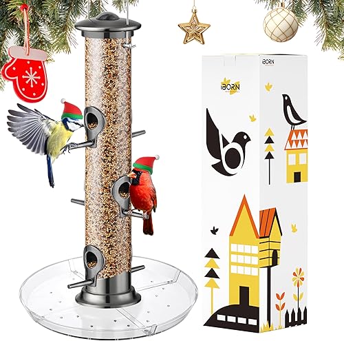 iBorn Comedero para pájaros con 6 puertos para colgar en el exterior, alimentador de pájaros cardenales de metal de aluminio, acabado de níquel