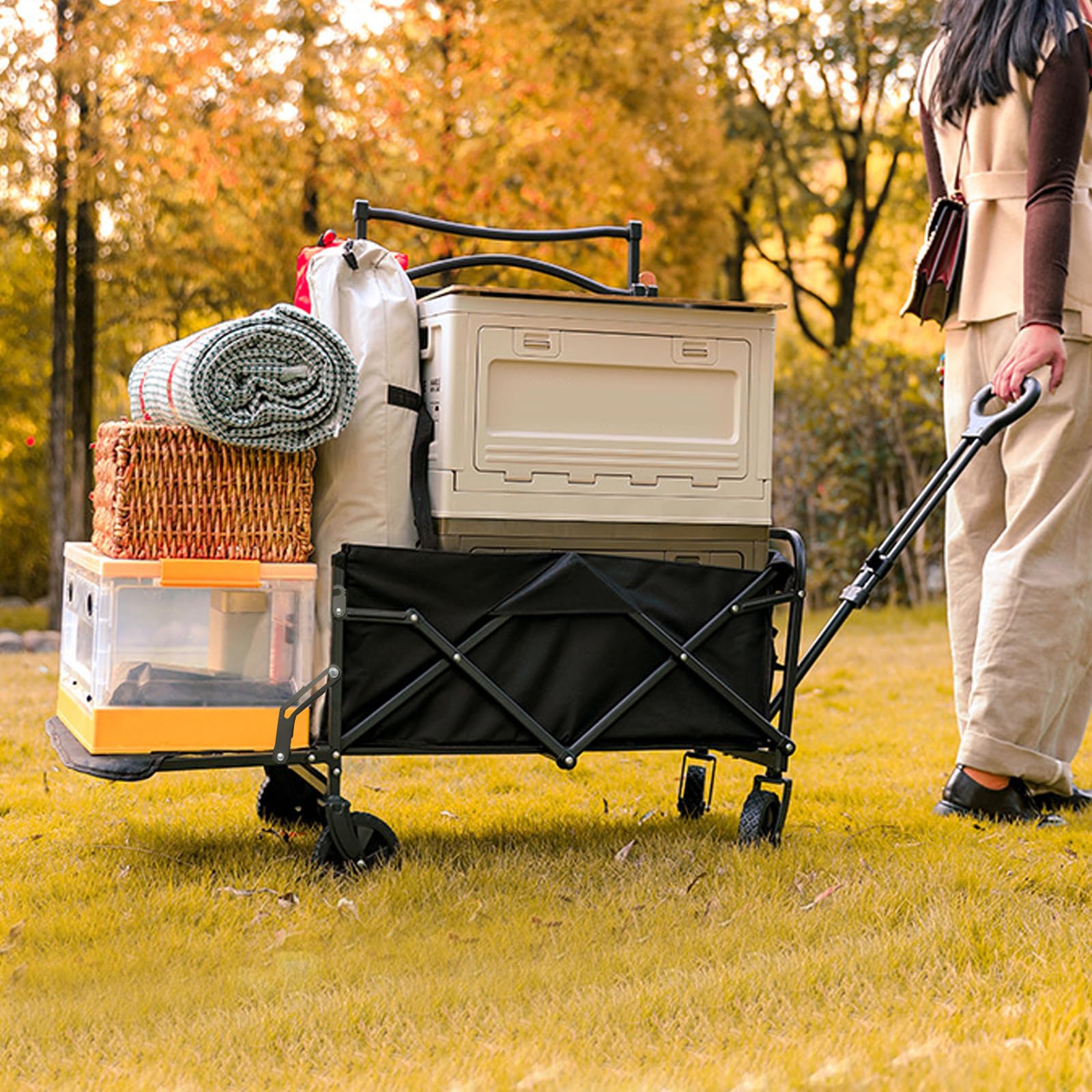 Chariot de Plage Pliable 120L (120KG), Chariot Pliable avec Hayon Arrière Rabattable à Plat pour Objets Longs, Chariot à roulettes 360° + 2 Porte-Gobelets, pour Camping & Shopping, Jardin