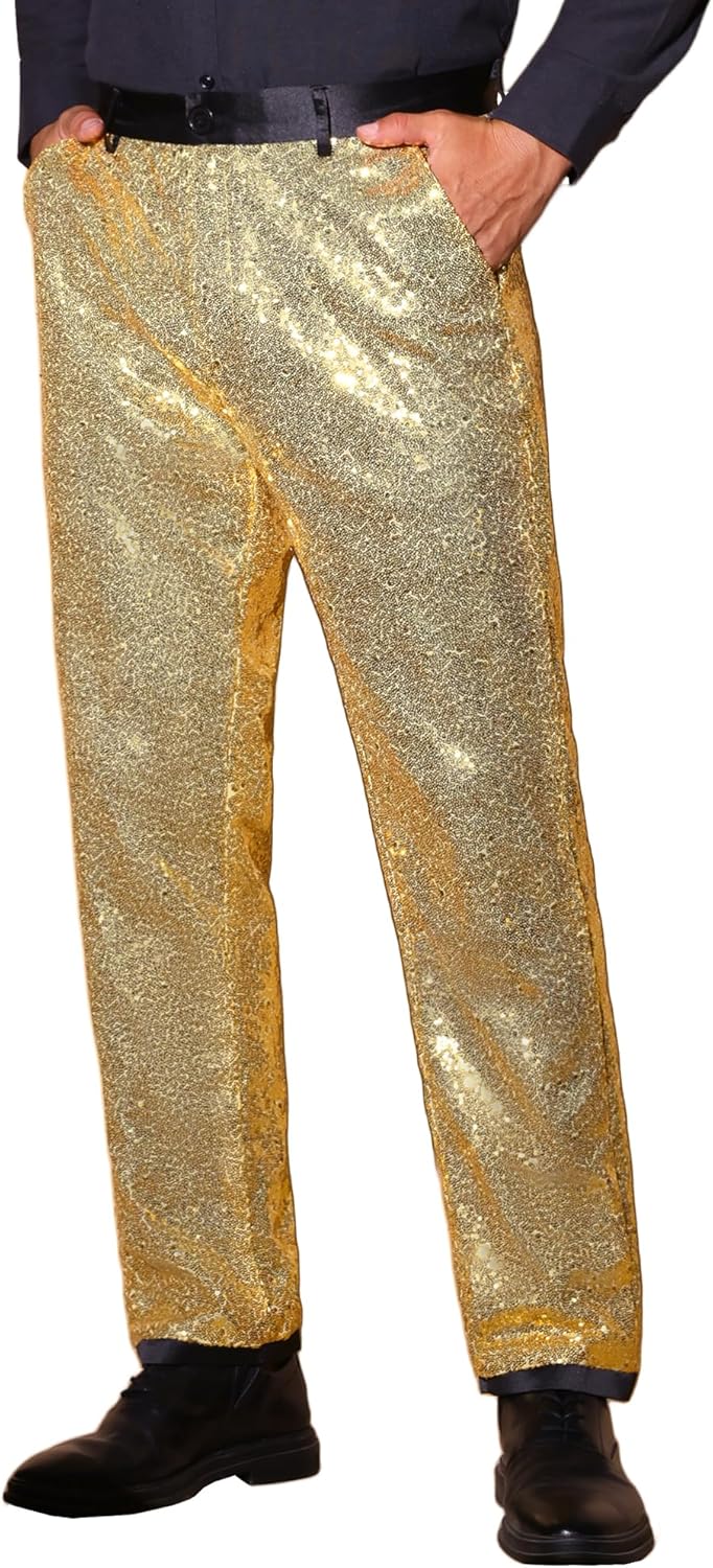Lars Amadeus Sequin Dress Pants for Men's Straight Leg Button Down Party Metallic Shiny Suit Trouser