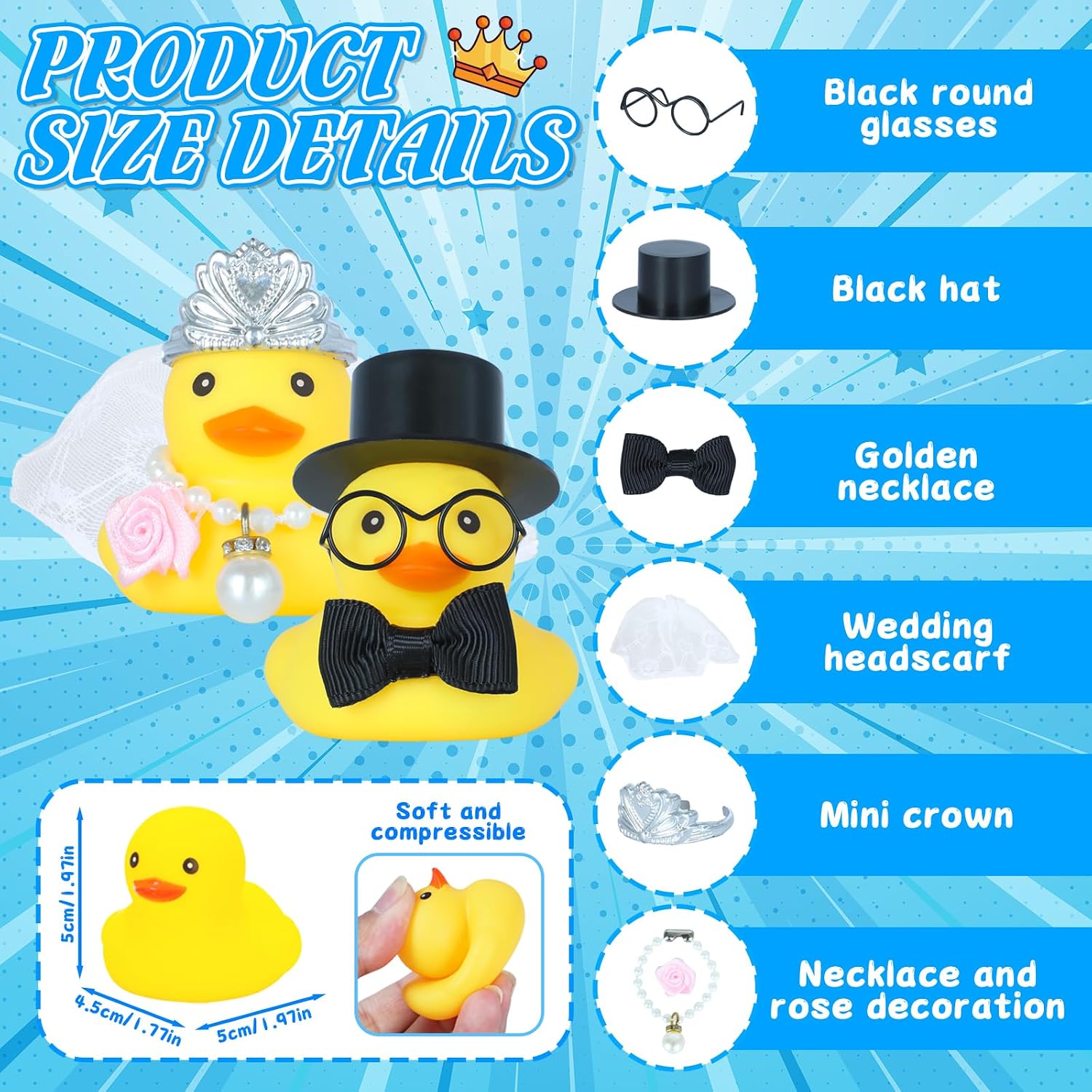 12Pcs Bride and Groom Rubber Ducks Wedding Set - DIY Mini Rubber Duck Decor with Fashion Accessories (6 Brides, 6 Grooms) for Wedding Car Cake Topper, Car Ornament, Dashboard Ornaments image 2