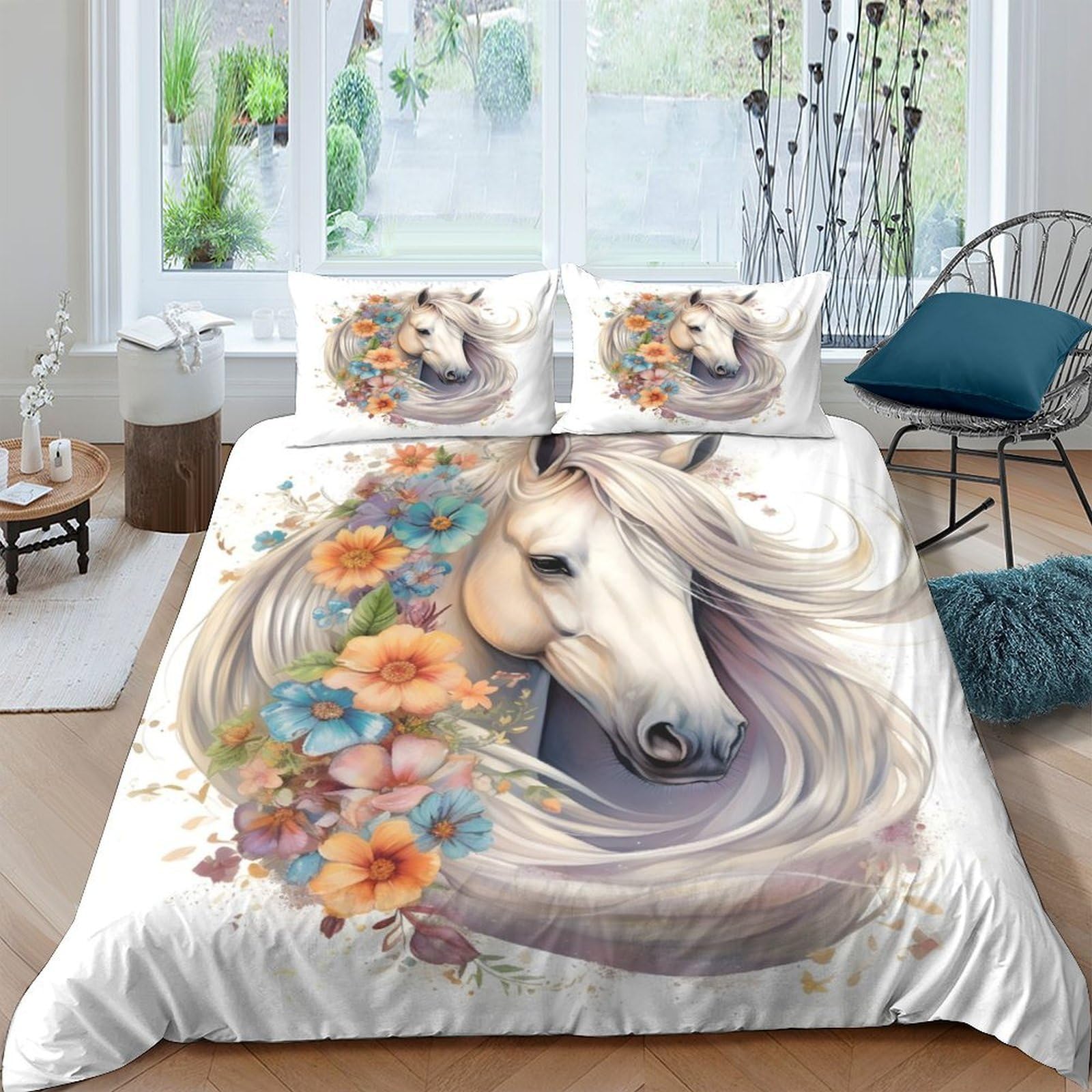 Ctjqhvkz Style-5 3D Printed White Horse Floral Fitted Sheet Microfiber Soft Anti-Slip Mattress Cover Bedroom Decor For All Ages Single（135X200cm）