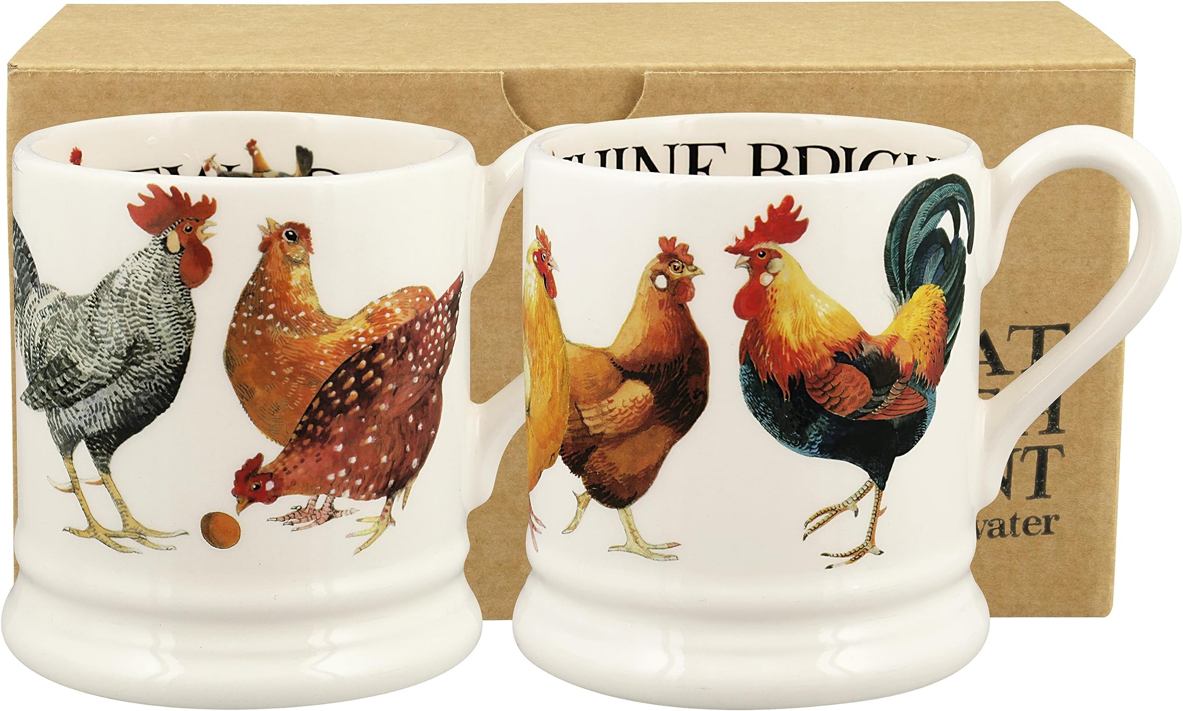 Emma Bridgewater Handmade Ceramic Rise & Shine Script Chicken Gift Set Of 2 Half-Pint Coffee and Tea Mugs
