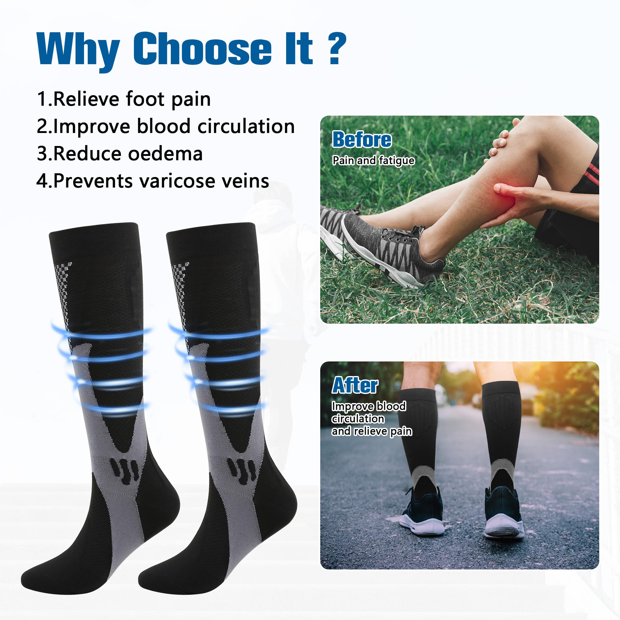 Kompressionsstrümpfe für Herren 2 Paar, Plantarfasziitis Compression Socken, Thrombosestrümpfe, Kompressionssocken Stützstrümpfe für Laufen Sport Flug Reise Radsport Fitness, Größe 38-45