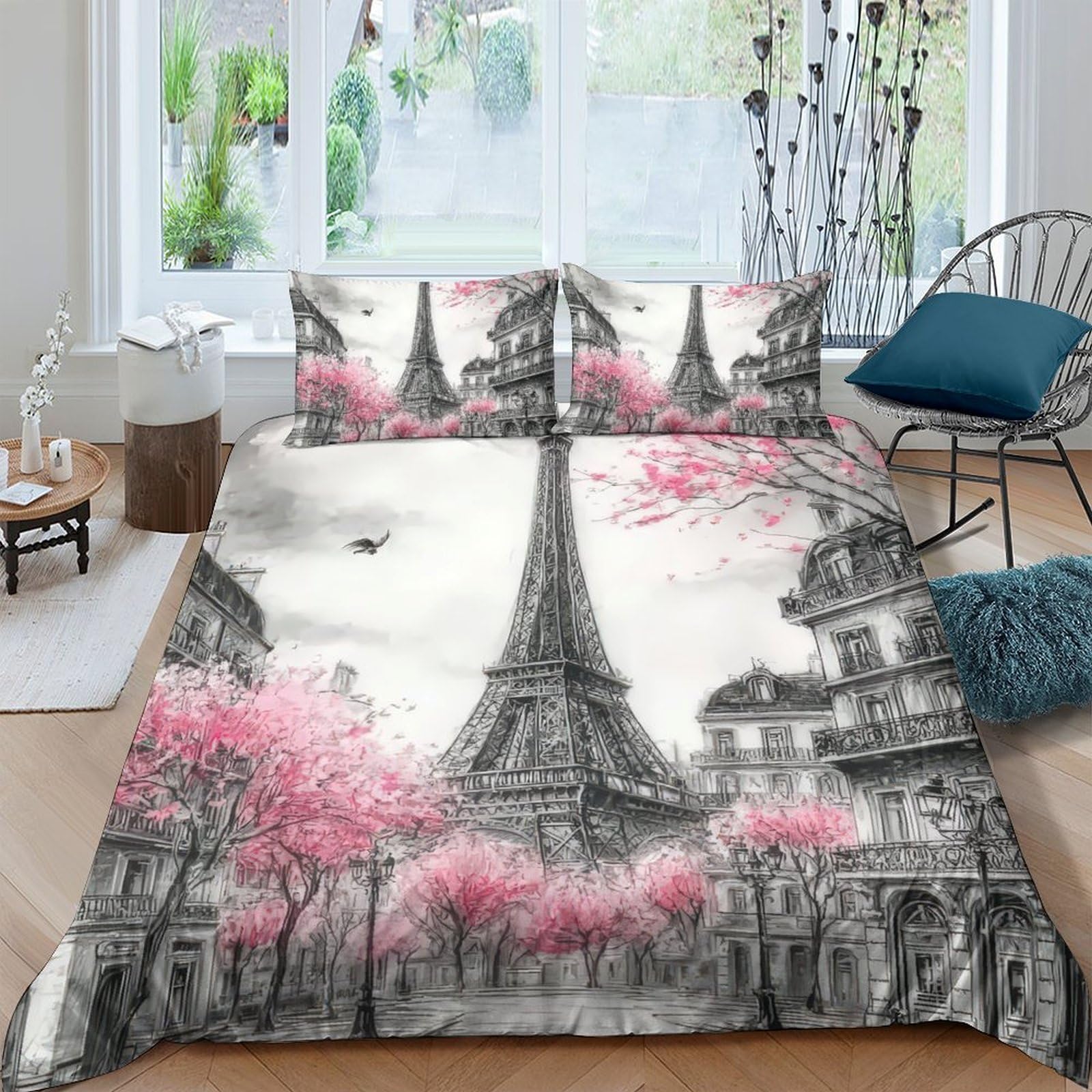 Ctjqhvkz Style-2 3D Printed Eiffel Tower Sakura Fitted Sheet Microfiber Soft Breathable Paris Bed Cover Bedroom Decor Single（135X200cm）