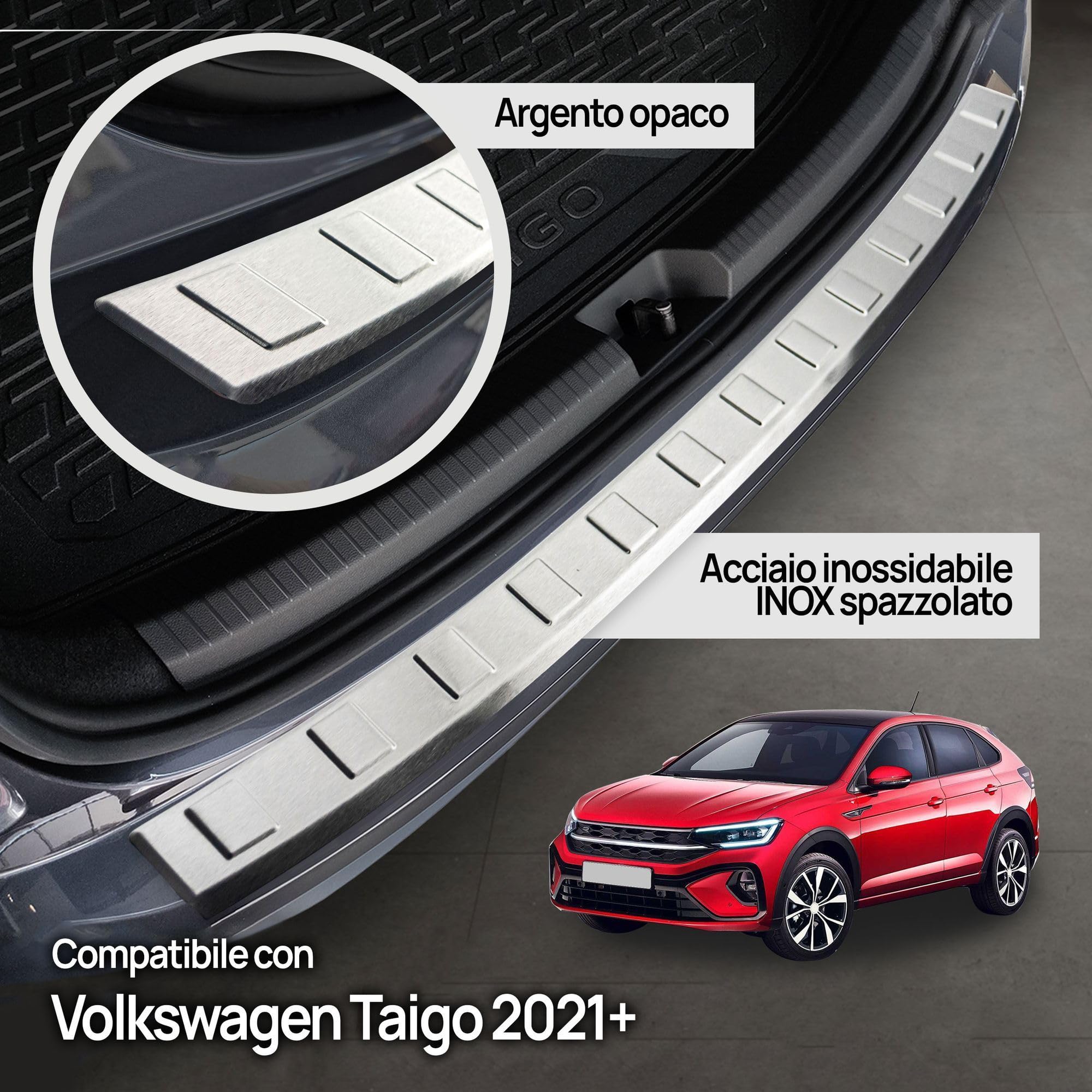 CHROMEMASTER | Protezione Paraurti Posteriore Compatibile con VW Taigo 2021+; Acciaio inossidabile, Spazzolato, Argento; Protezione Paraurti Protegge la Vernice del Paraurti dai Graffi