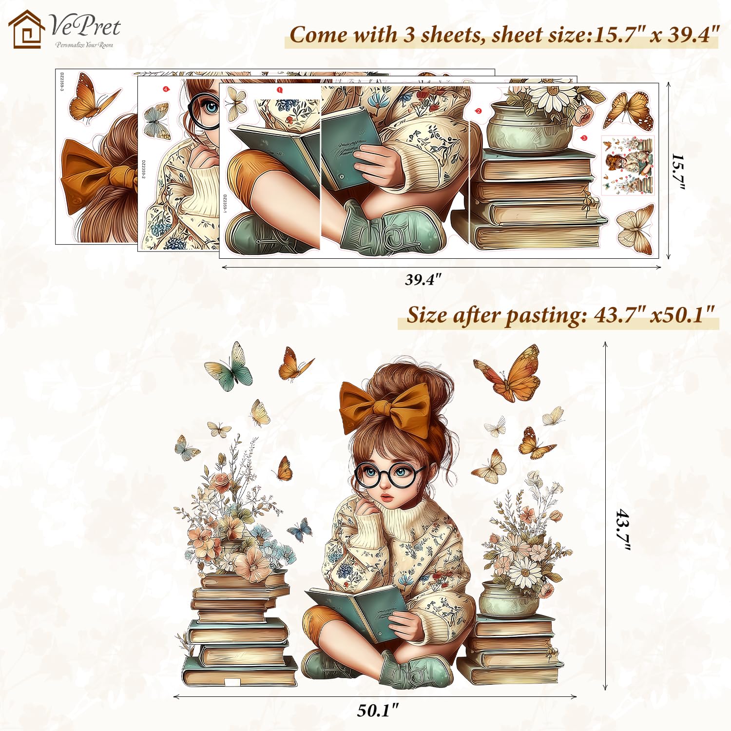 VePret Large Flowers Girl Wall Decals Peel and Stick, Floral Books Butterflies Wall Stickers - Image 3