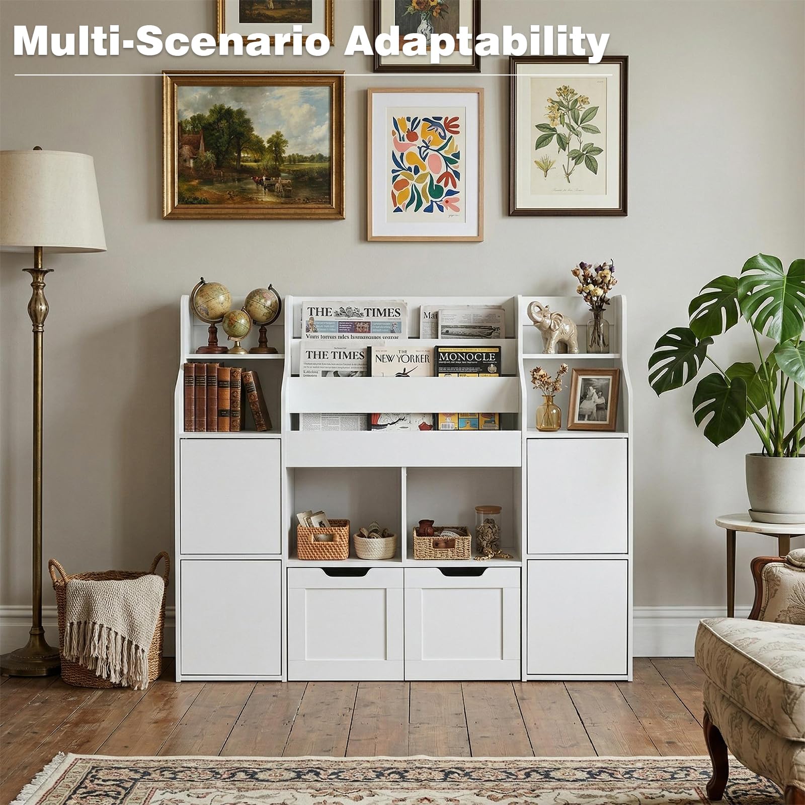 Mobile Porta Giochi, Libreria Montessoriana per Bambini a 6 Scomparti Aperti e 4 Ante, Mobile Giochi a 2 Cassetti su Ruote, per Cameretta e Stanza dei Giochi, 122x30x100cm Bianco
