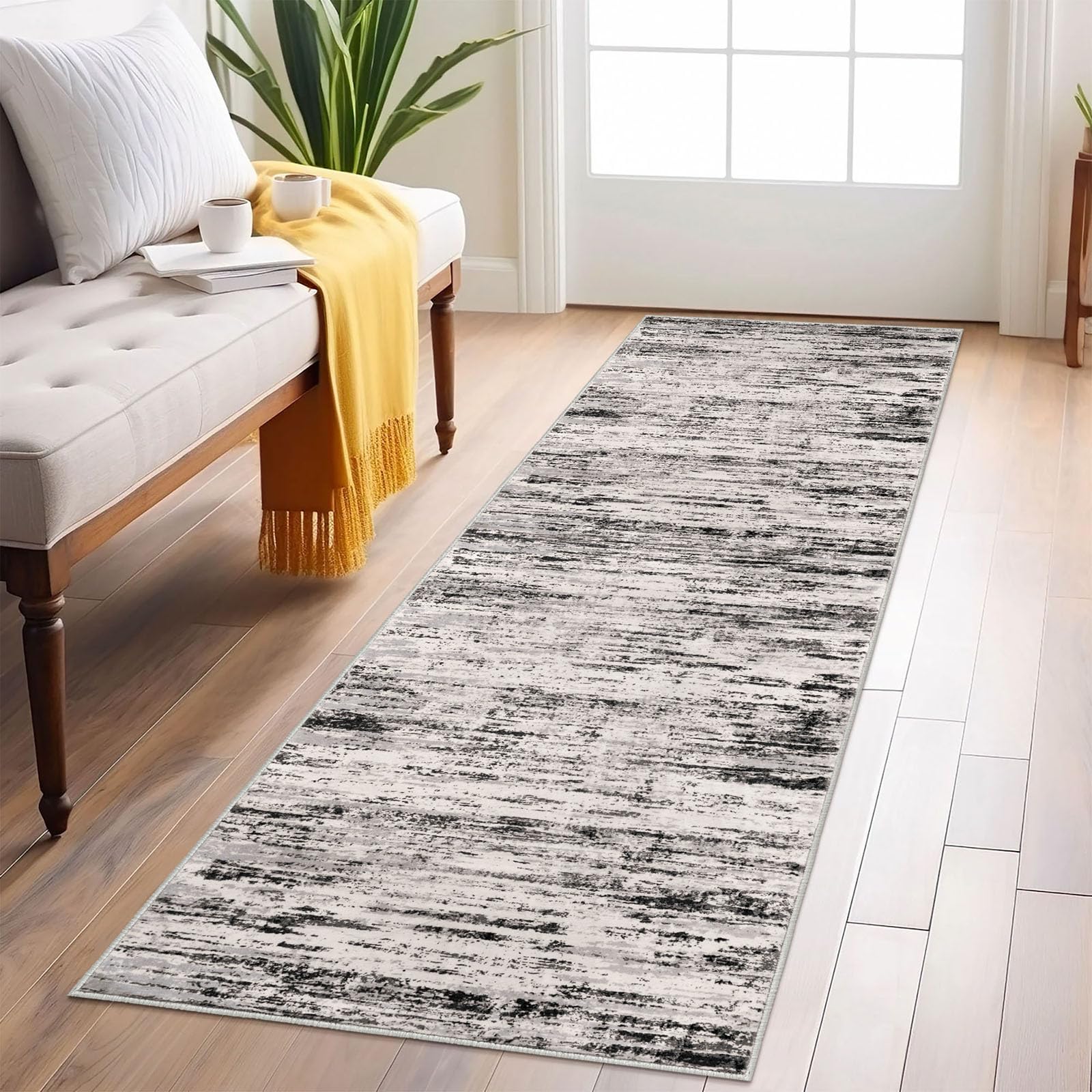 Lansny Modern Abstract Runner Rug 2x6, White Black Grey Taupe Washable Kitchen Runner Non-Slip Soft Hallway Rug Runner Thin Print Faux Wool Carpet for