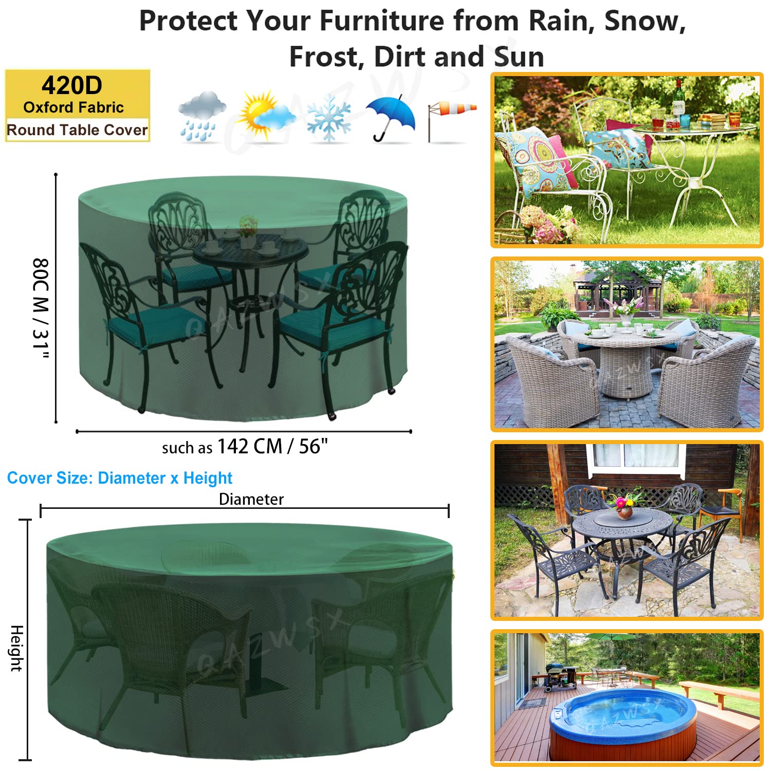 Housse Ronde Imperméable Pour Meubles De Jardin - 180 X 65 Cm - Tissu Oxford 420D - Coupe-vent - Anti-UV - Noir