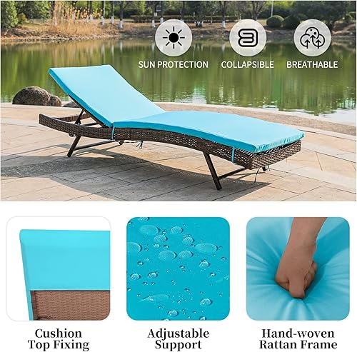 Miniatura 5 de NURTUDIS Sillón de ratán para patio con cojín azul extraíble, silla de piscina con respaldo ajustable, tumbona de PE al aire libre, sillón