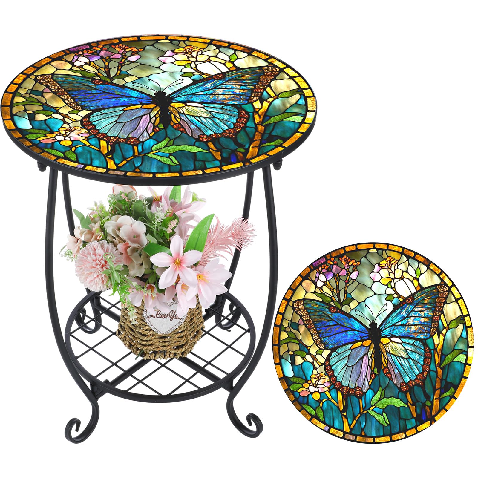 Cinnvoice Outdoor Side Table Round Small Mosaic Patio Accent Indoor End Plant Metal Coffee Tea Table for Yard Porch Garden Patio Living Room, Bedroom (Butterfly Style,18")
