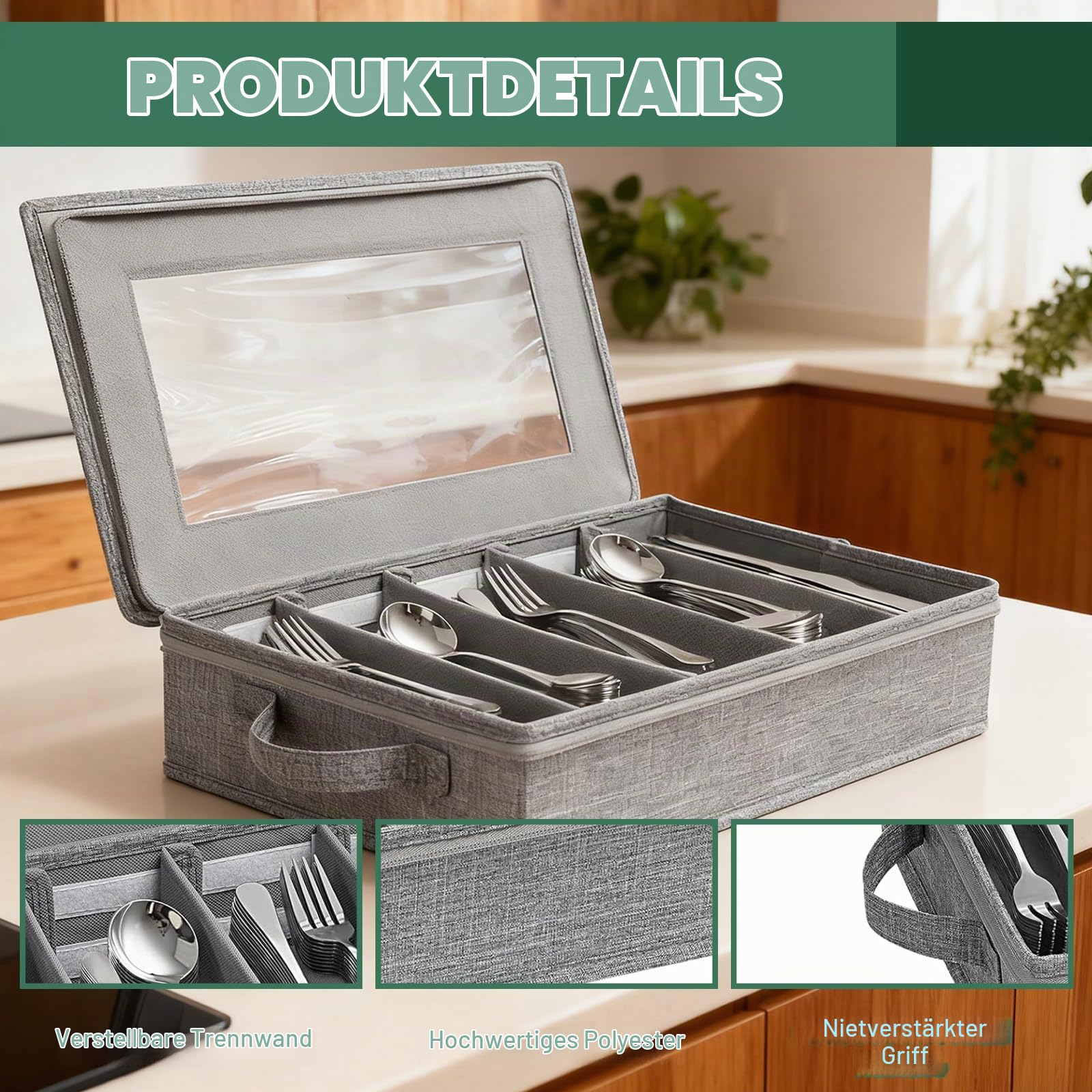 Besteckkasten mit Deckel für Schubladen, Besteck-Aufbewahrungsbox für Besteck, Verstellbarer Utensilien Organizer, Besteckeinsatz für Utensilien Messer, Besteckbox für Küche und Tisch, Grau 41*33*12cm Küche, Haushalt & Wohnen
