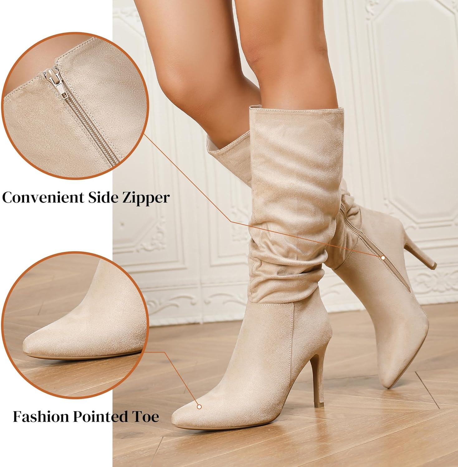 katliu Women Suede Knee High Boots Pointed Toe Stiletto Boot Slouchy Zipper High Heel Boots - Image 5