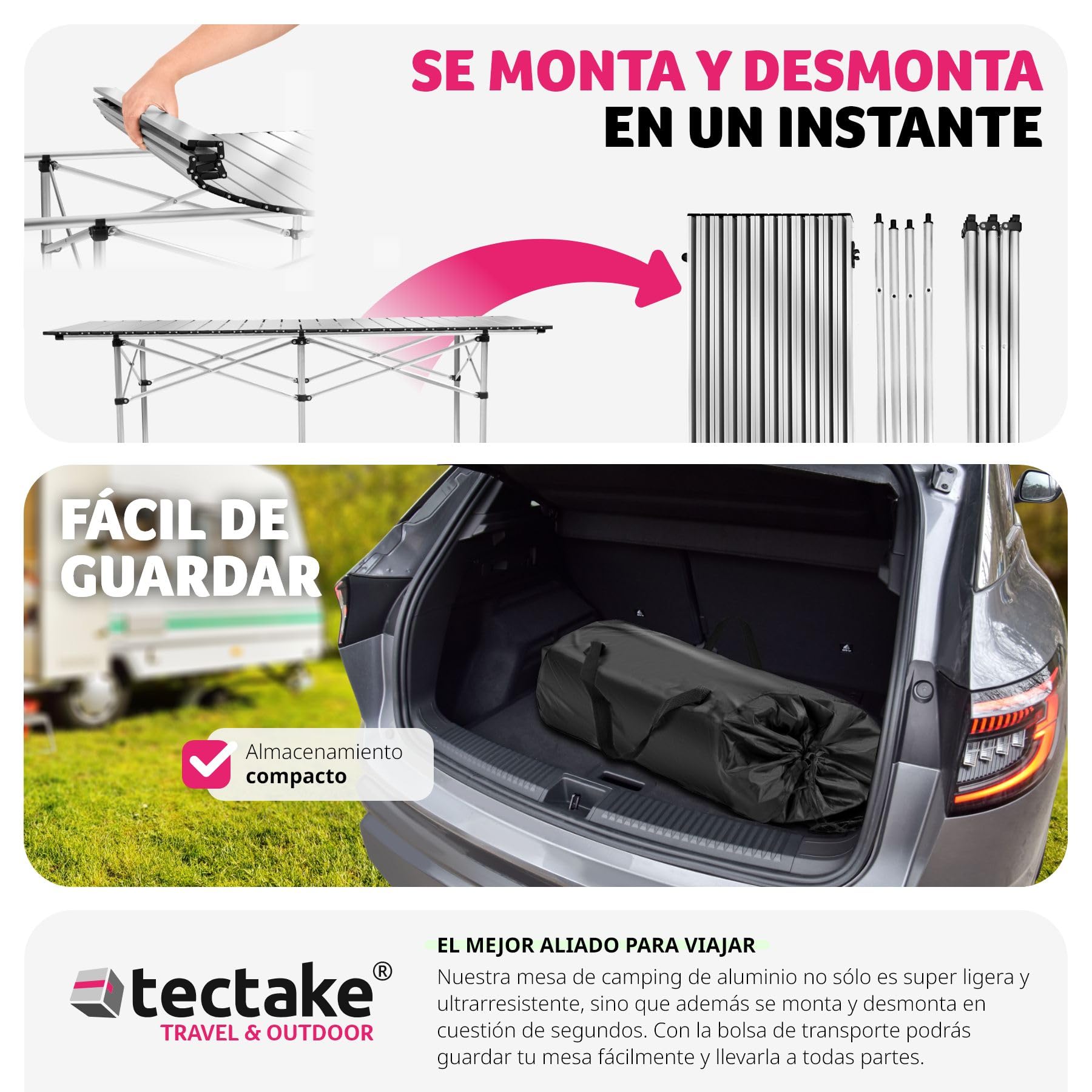 tectake® Mesa Plegable Aluminio, Mesa Camping Plegable, Mesa Jardín Exterior con Asa y Bolsa de Transporte, Impermeable, Fácil Montaje y Limpieza, Ideal Acampadas, Jardín, Terraza, Picnic, 140x70x70cm