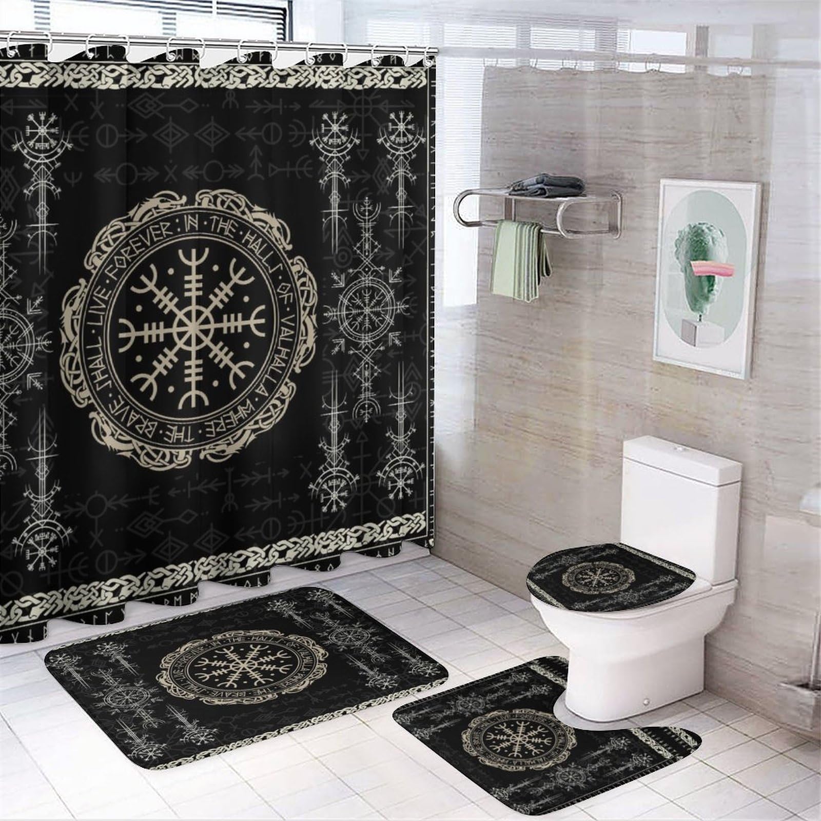 COALHO Norse Vikings Print 4 Pcs Waterproof Shower Curtain Set Black Viking Magical Retro Compass Norse Mystical Symbol With Waterproof Toilet Cover Shower Mat Rugs,183x183CM