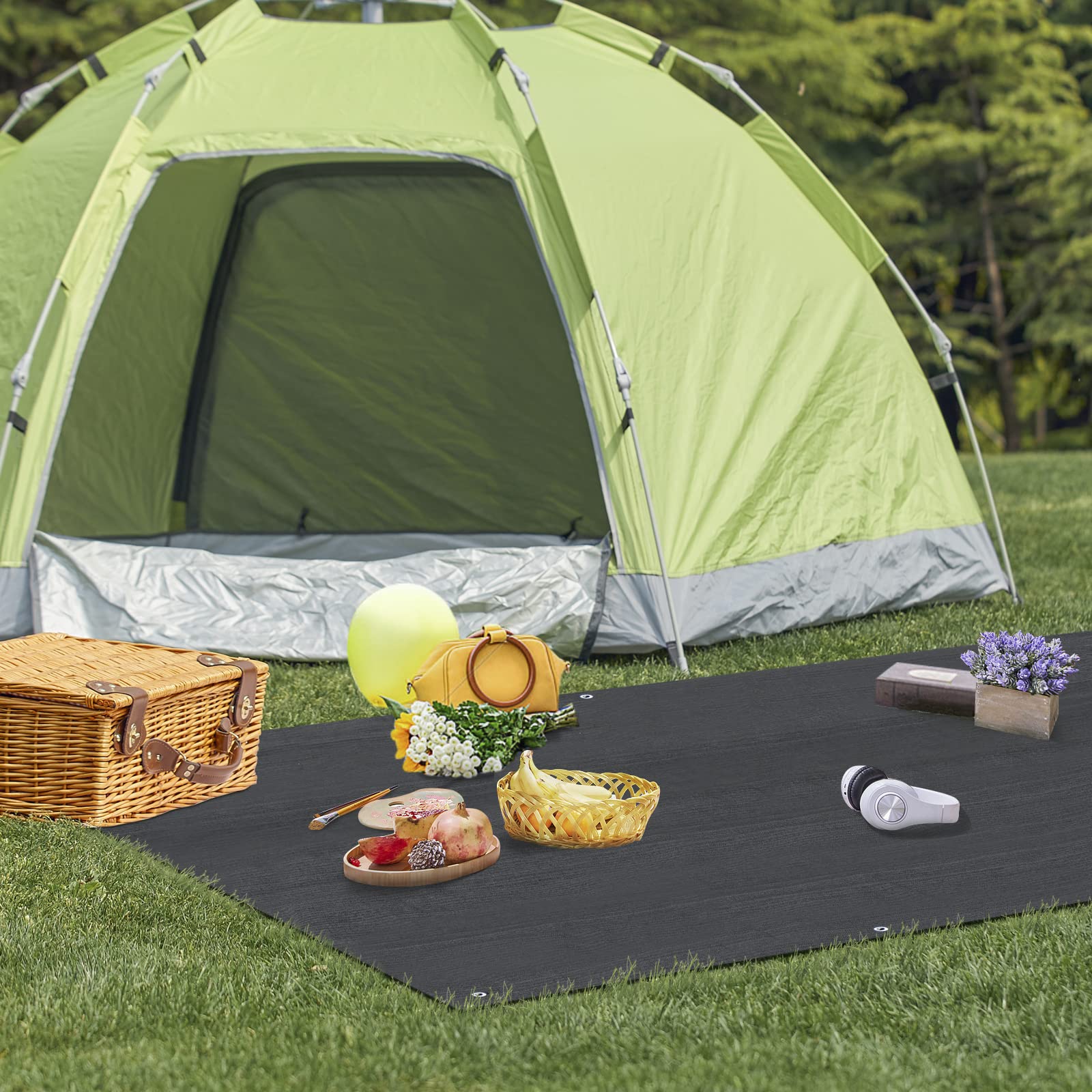 Laneetal Alfombra de Tienda de Campaña de HDPE 280 g/m2, Lona Impermeable para Acampada, Alfombras para Caravana, con 16 Clavos y Bolsillo de Transporte, Manta para Exteriores, Antracita, 3x4 m