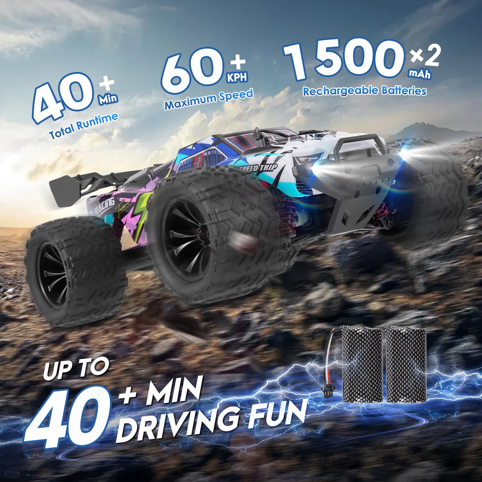 Coche teledirigido, 4WD RC Auto 1:16 60 + km/h, Alta Velocidad, 2,4 GHz, Coche de Carreras, Impermeable, Todoterreno, Juguete para Regalo, Doble Cuerpo 9501E