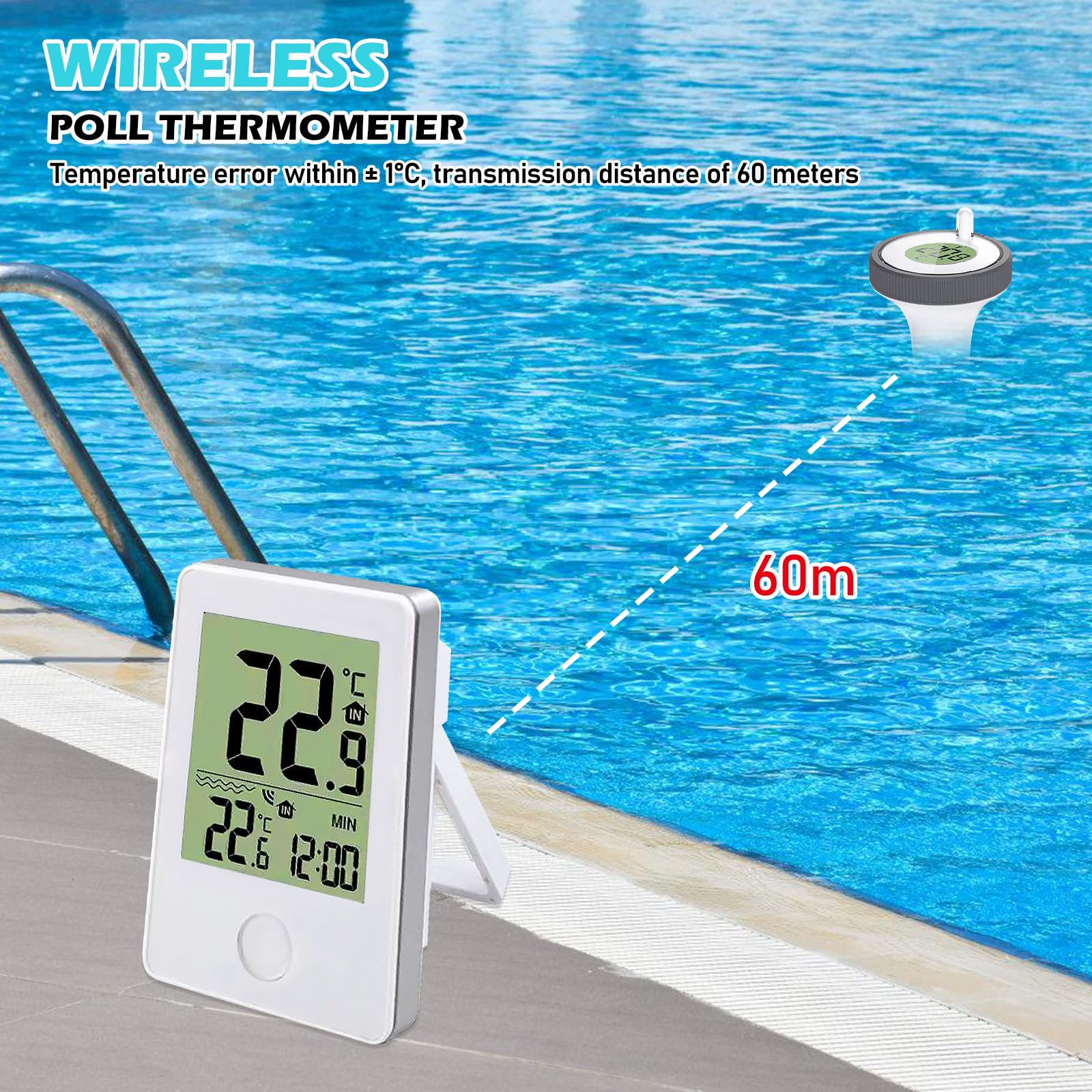 BYZESTY Thermomètre de piscine numérique sans fil avec capteur de piscine, écran LCD et moniteur d'humidité pour baignoire, bassin à poissons, étang