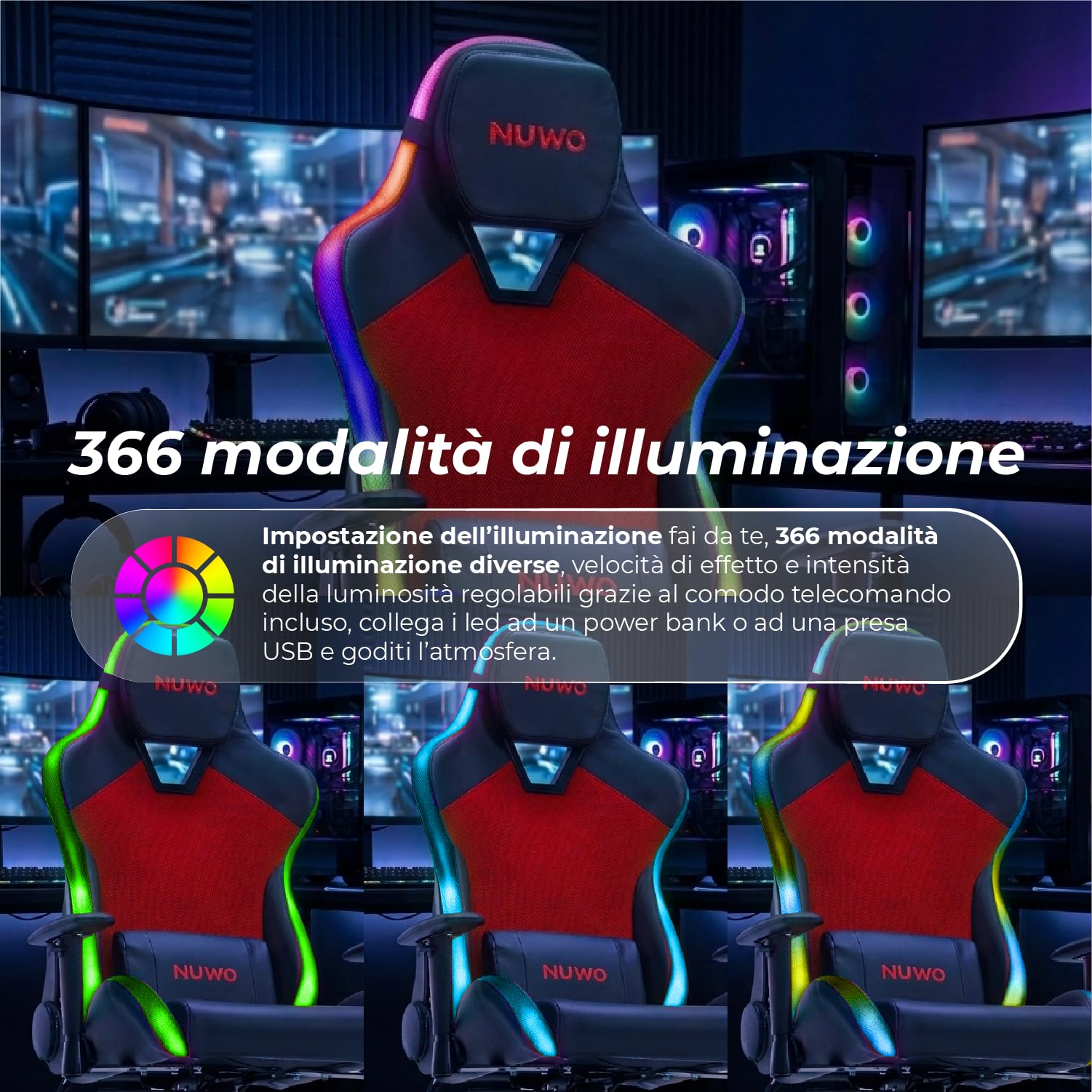 Nuwo Sedia Gaming LED RGB Ergonomica in Tessuto Traspirante | Reclinabile 180° | Struttura in Acciaio 150Kg | Braccioli 2D | Supporto Lombare e Cervicale | Sedia PC Gaming e Ufficio